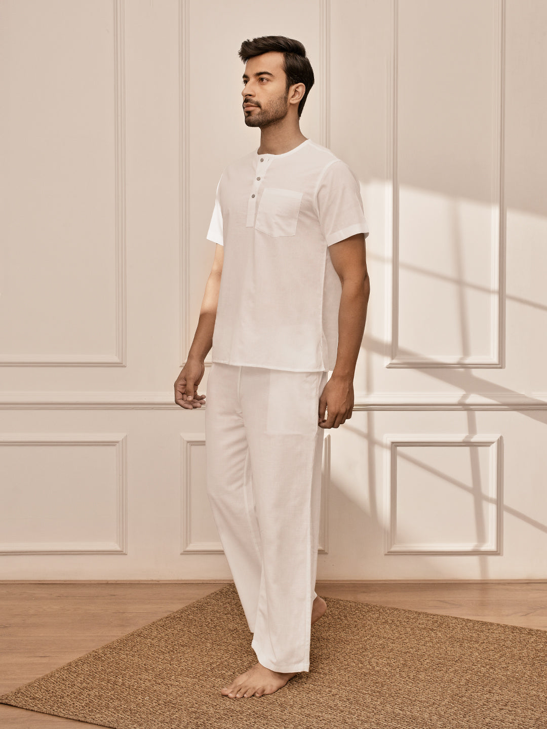 Men's White Om Embroidered Premium Yoga Kurta Palazzo Set