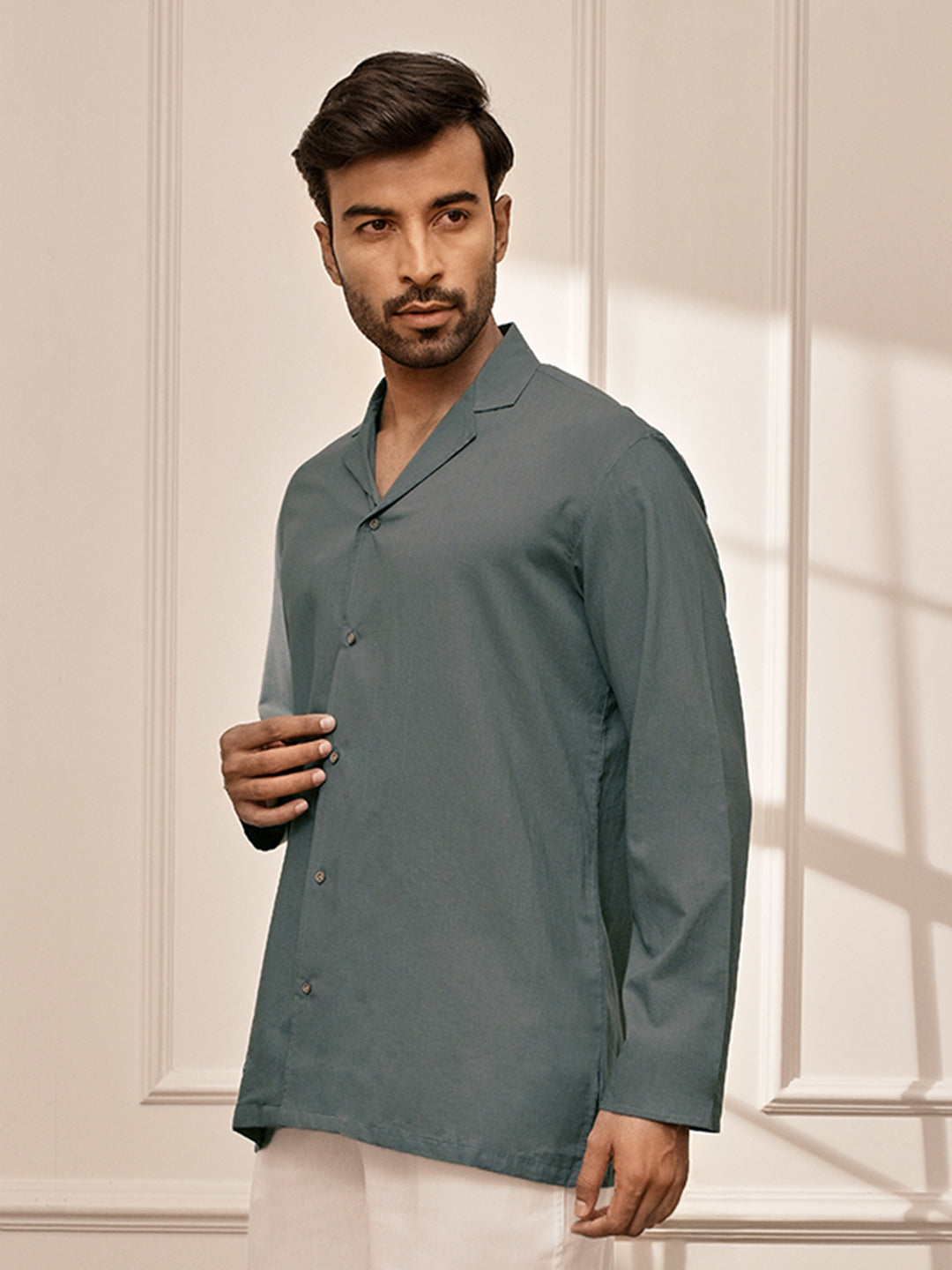 Men Sage Green Cambric Cotton Full Sleeve Yoga Kurta