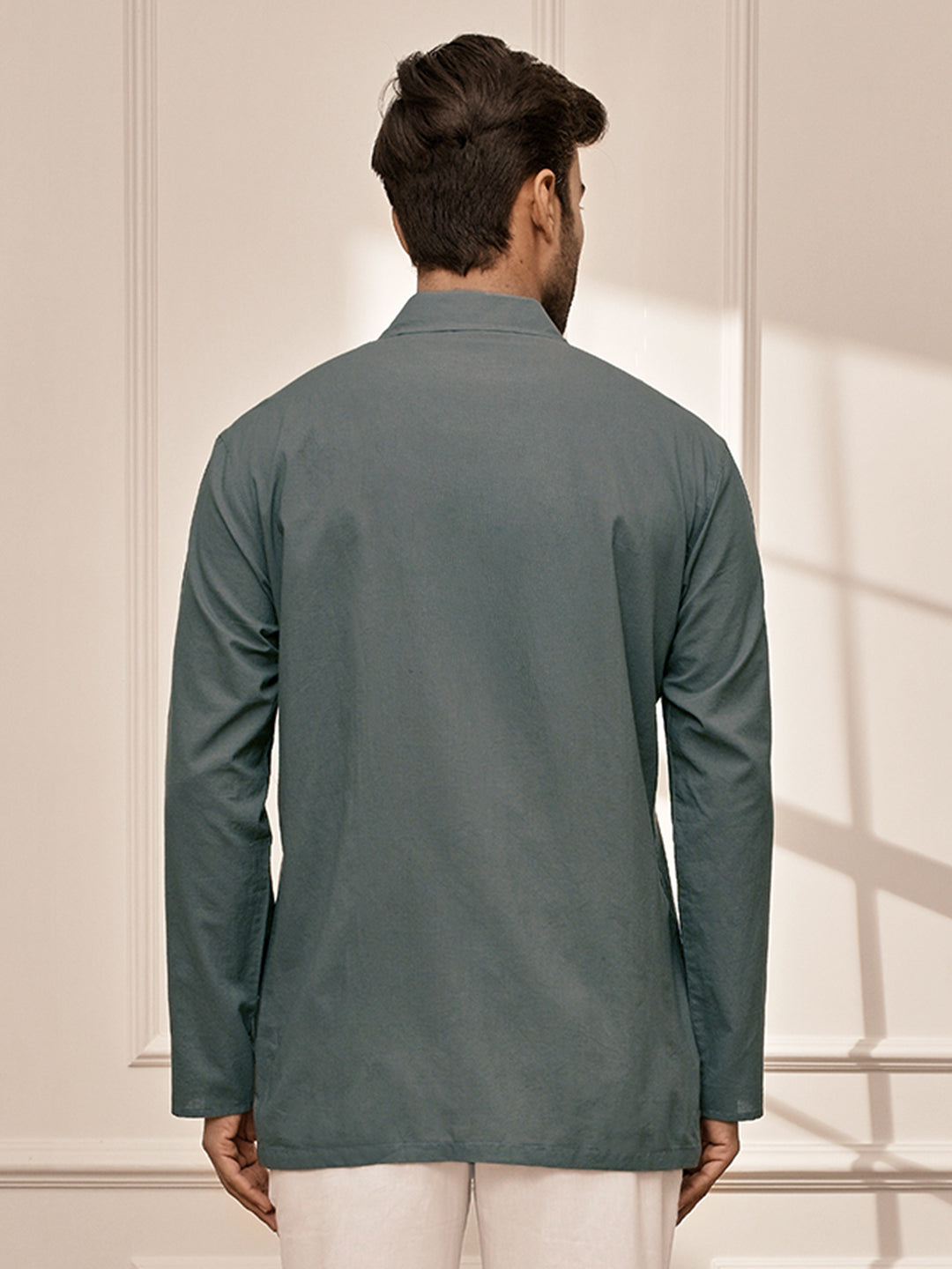 Men Sage Green Cambric Cotton Full Sleeve Yoga Kurta