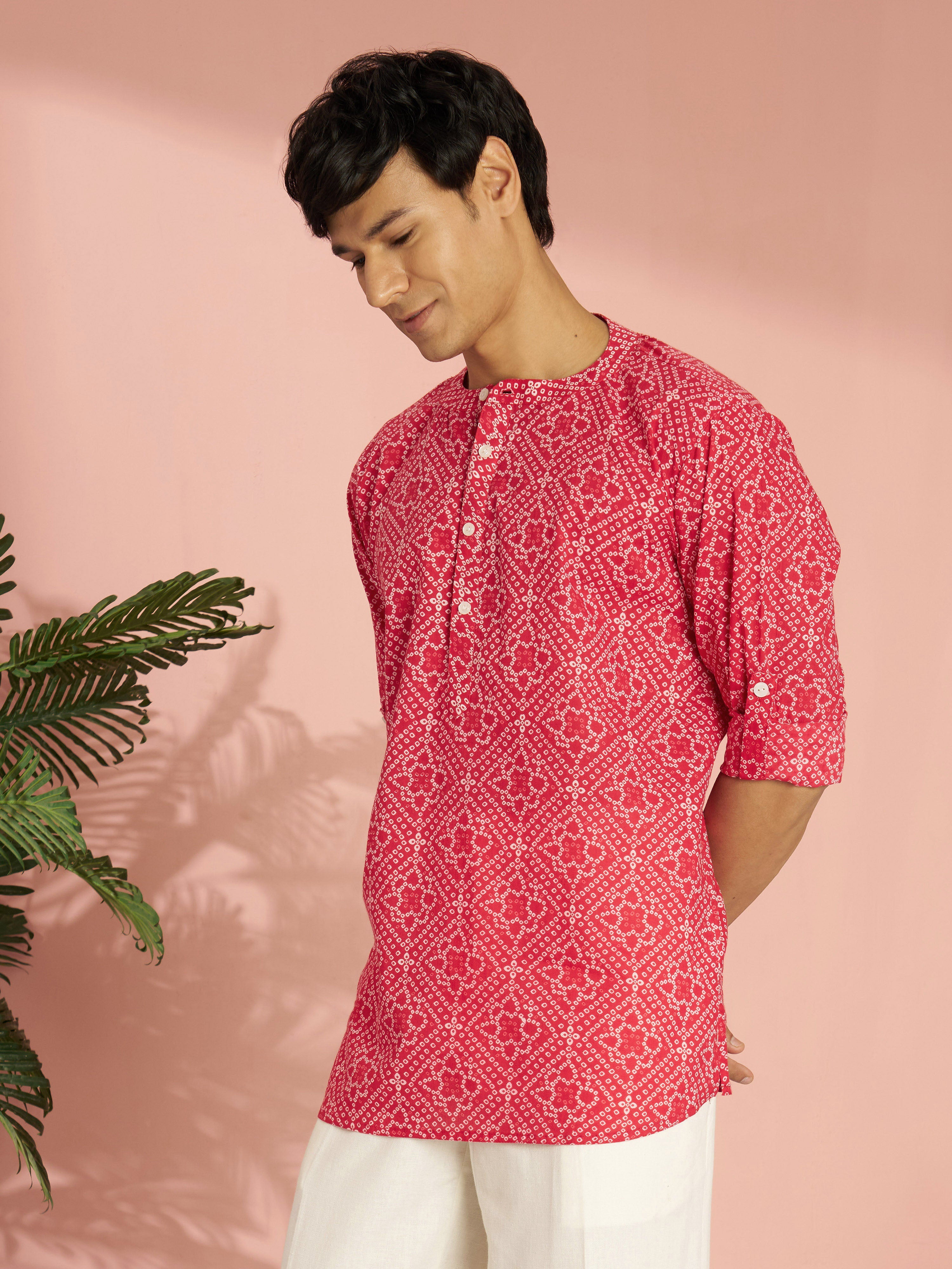 Men's Red Bandhni Flower Print Cotton Cambric Short Kurta