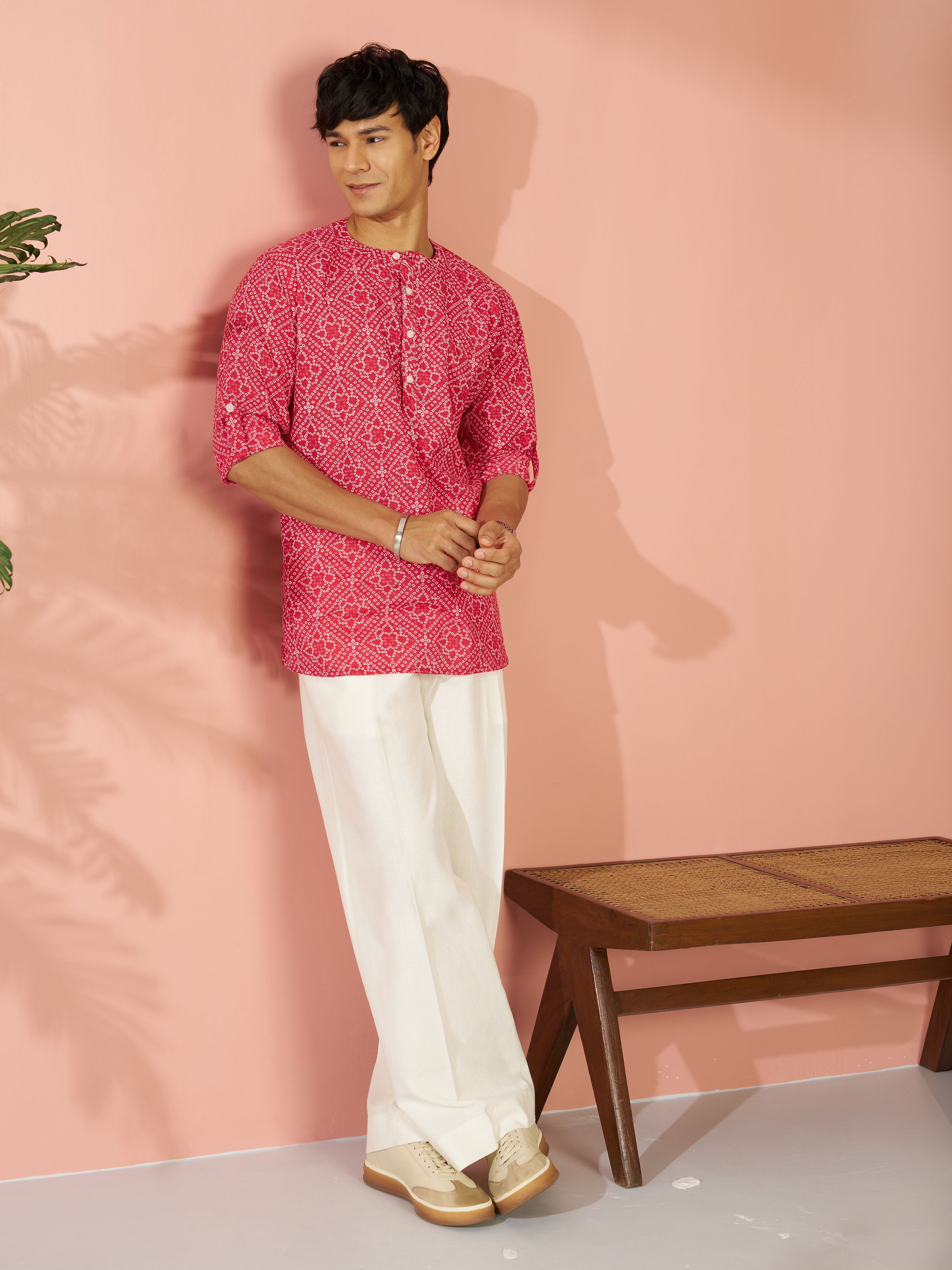 Men's Red Bandhni Flower Print Cotton Cambric Short Kurta