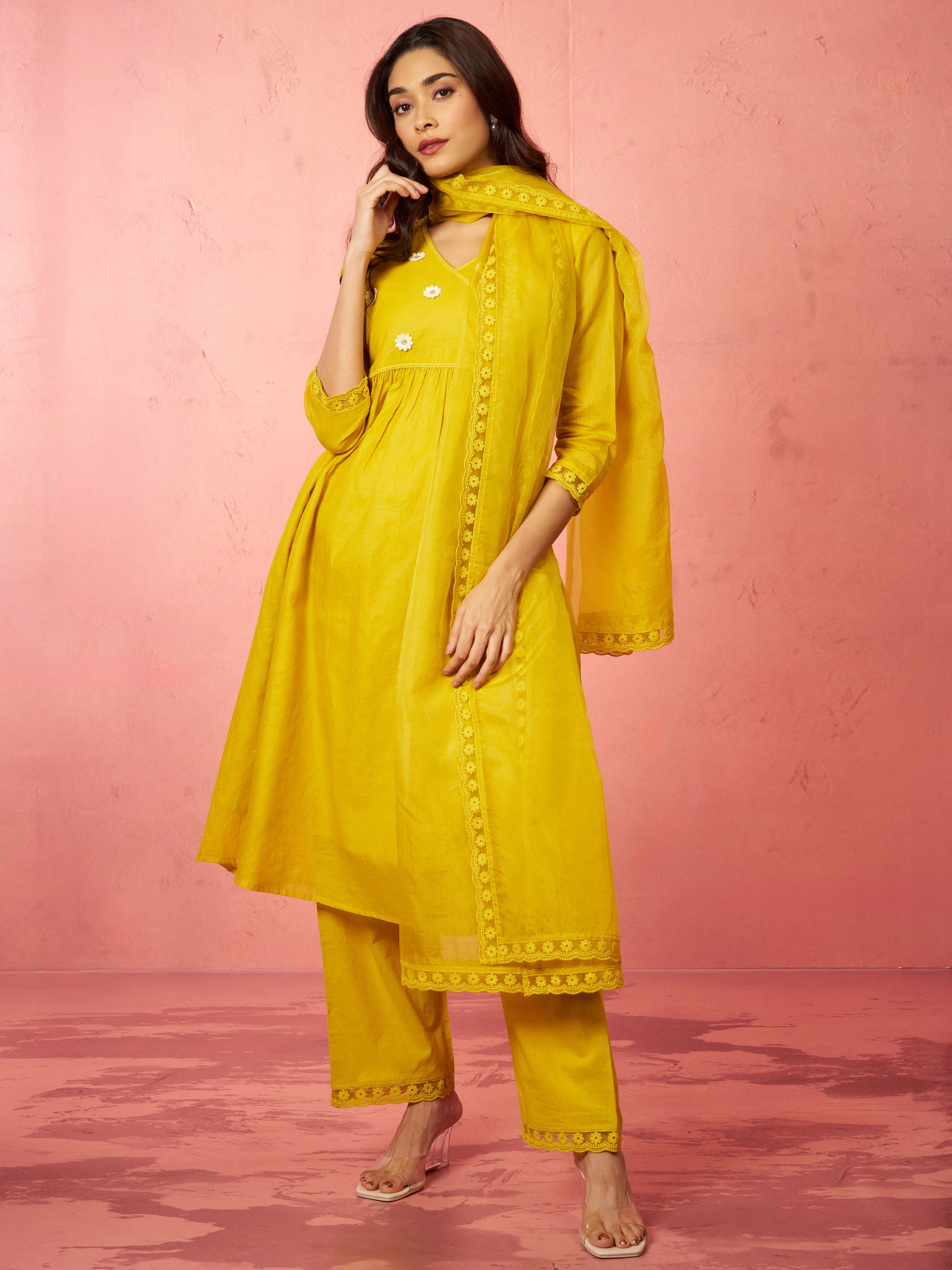 Women's Mustard Chanderi Anarkali Kurta Set