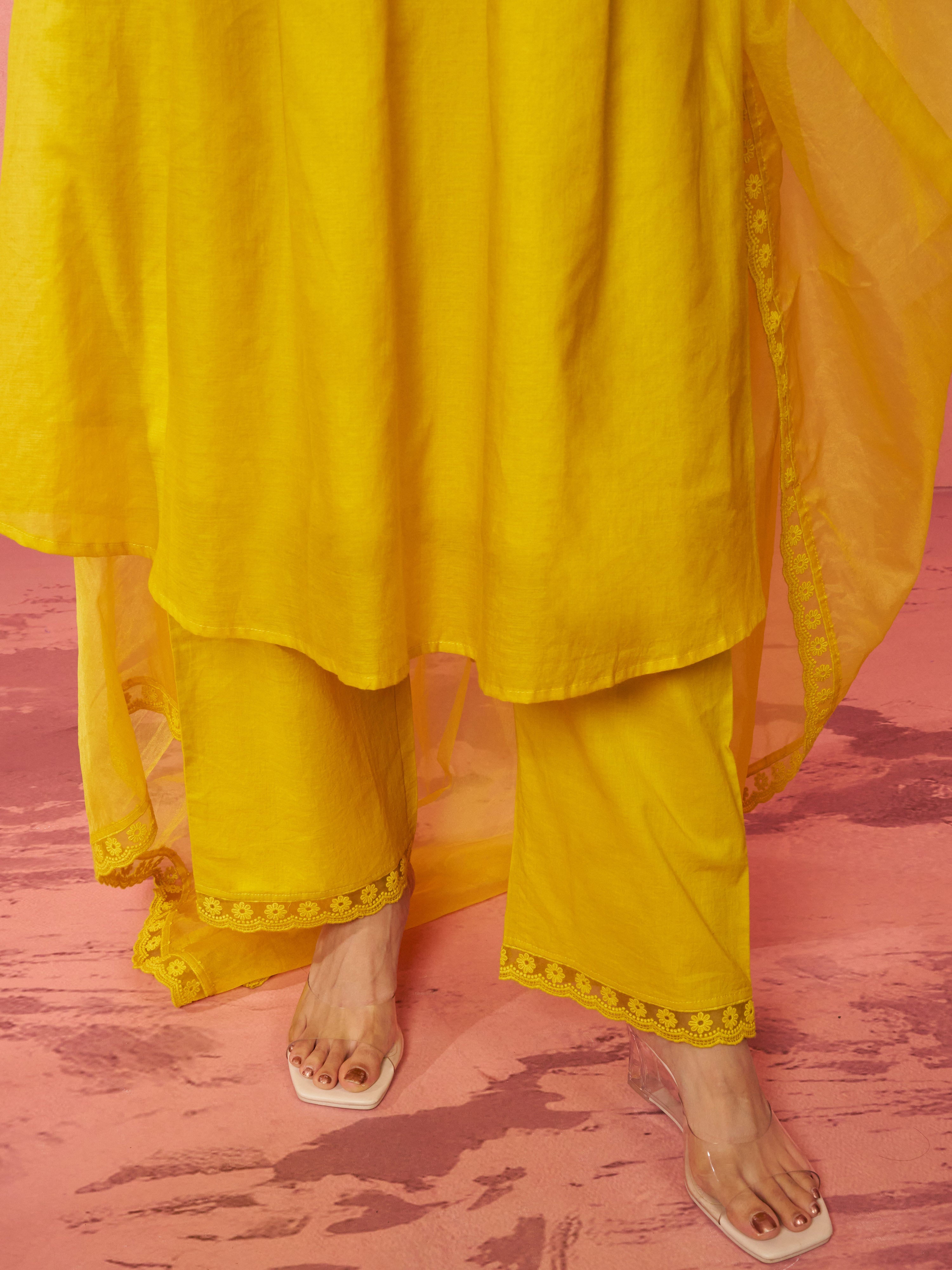 Women's Mustard Chanderi Anarkali Kurta Set