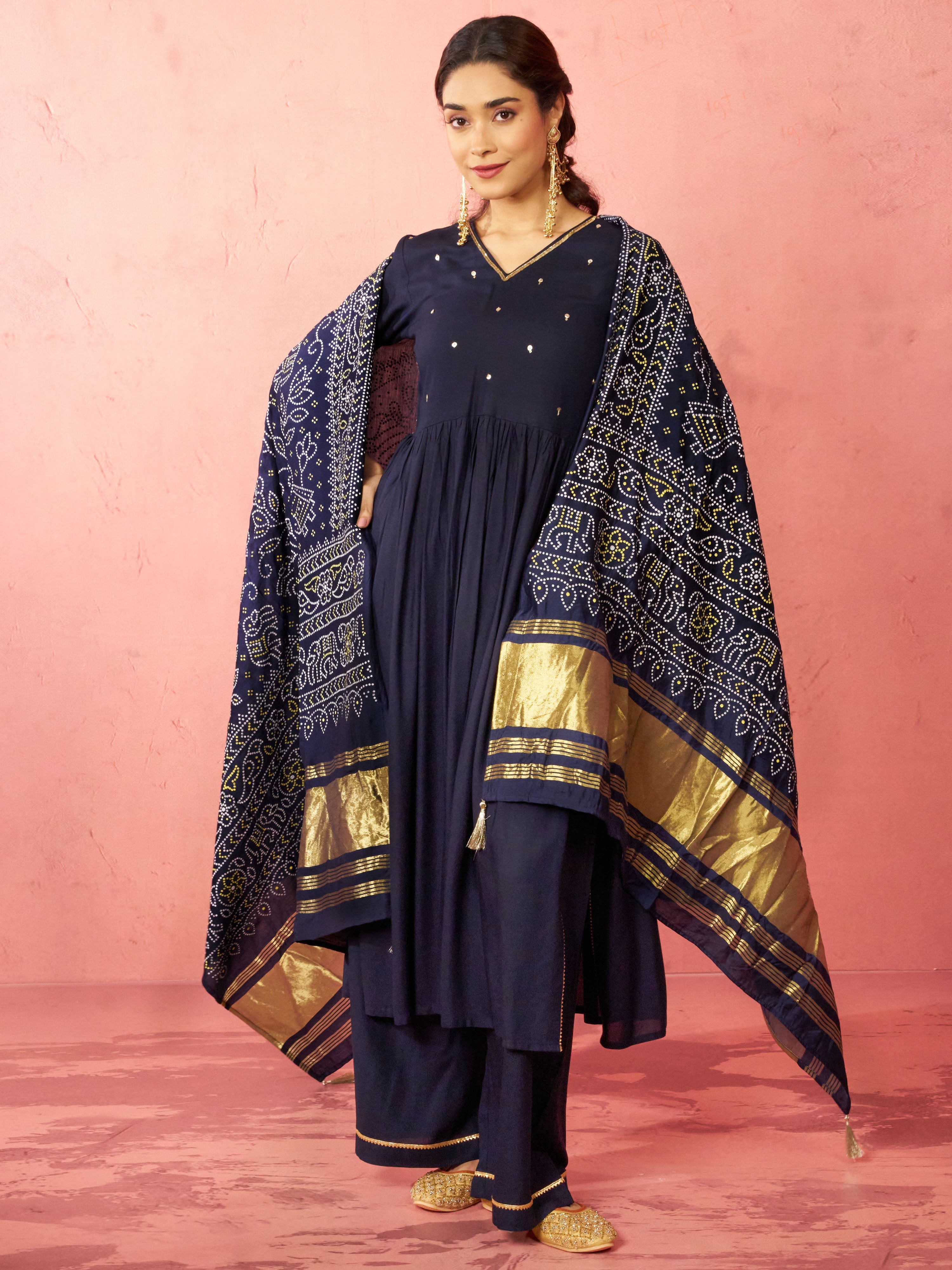 Women's Navy Blue Rayon Anarkali Kurta Set
