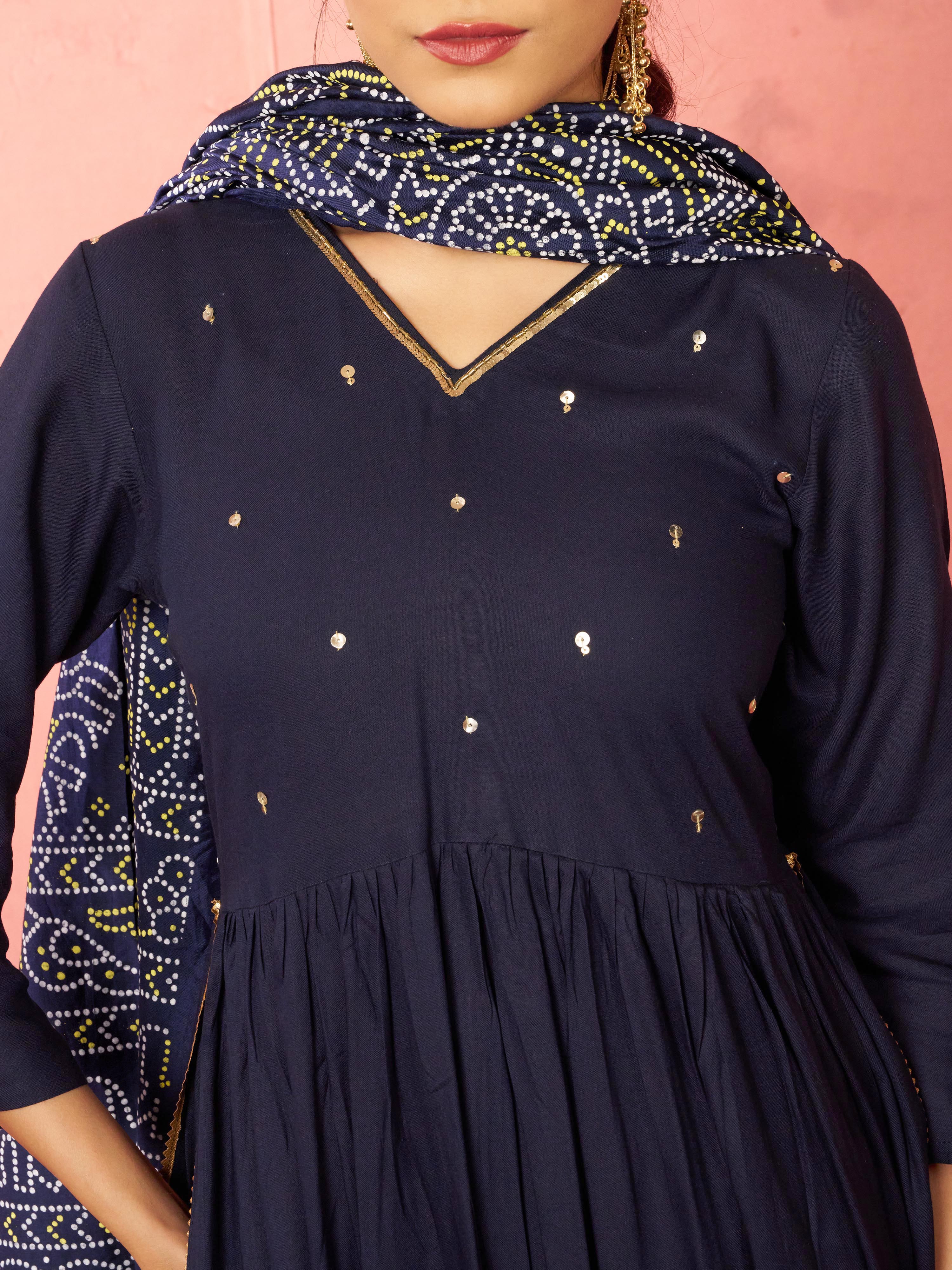 Women's Navy Blue Rayon Anarkali Kurta Set