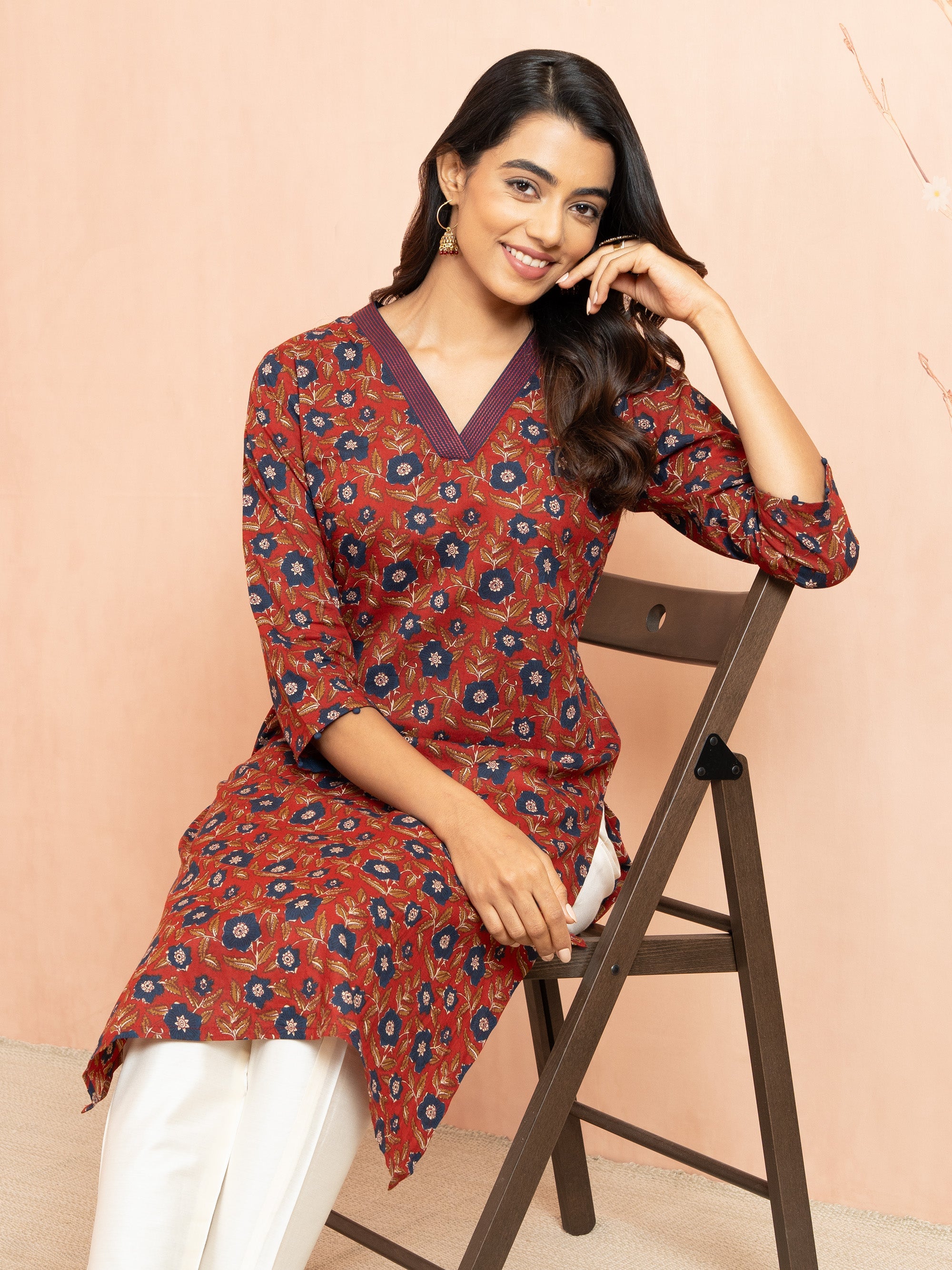 Women's Rust Printed Cambric Cotton Straight Kurta