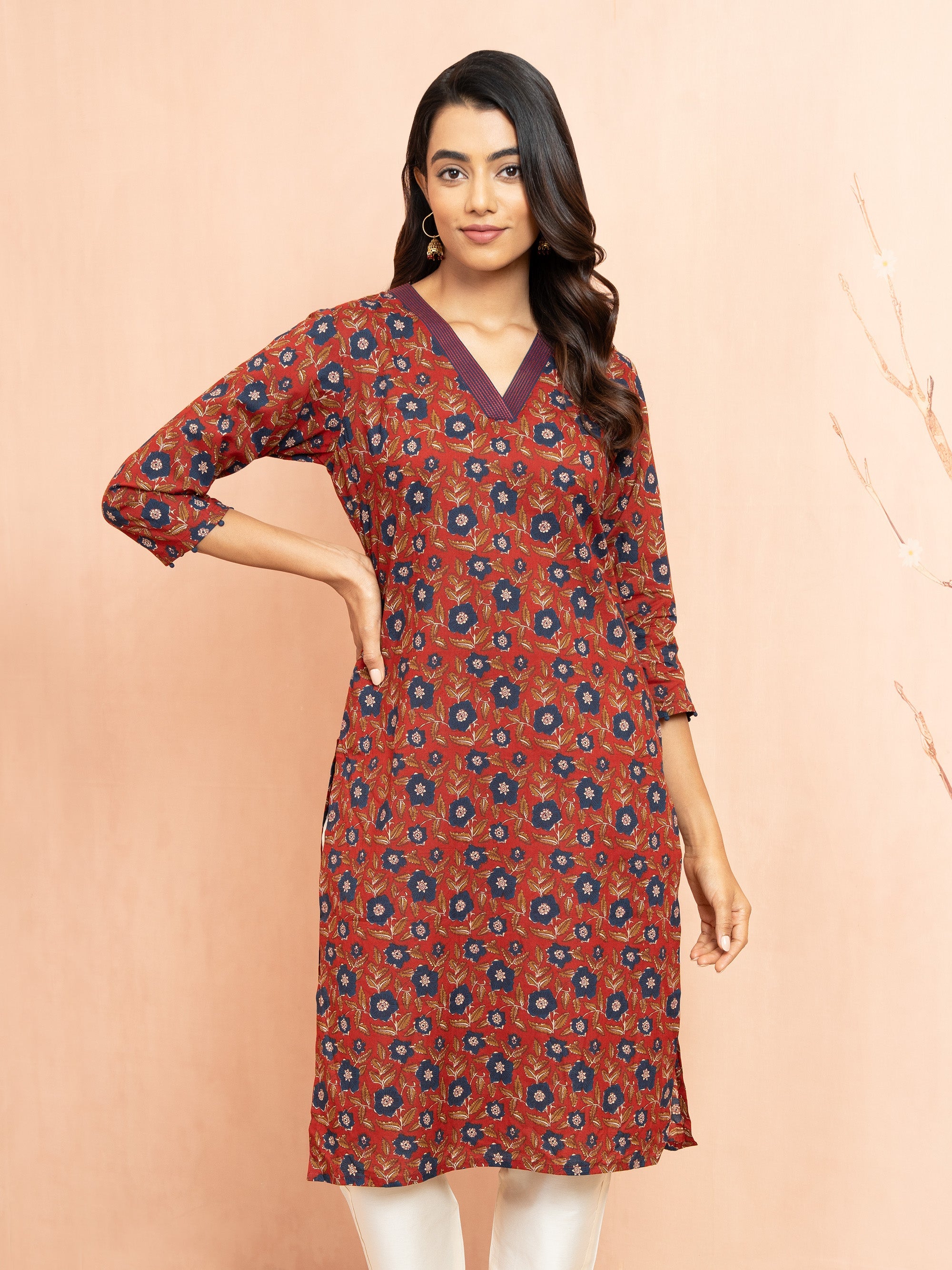 Women's Rust Printed Cambric Cotton Straight Kurta