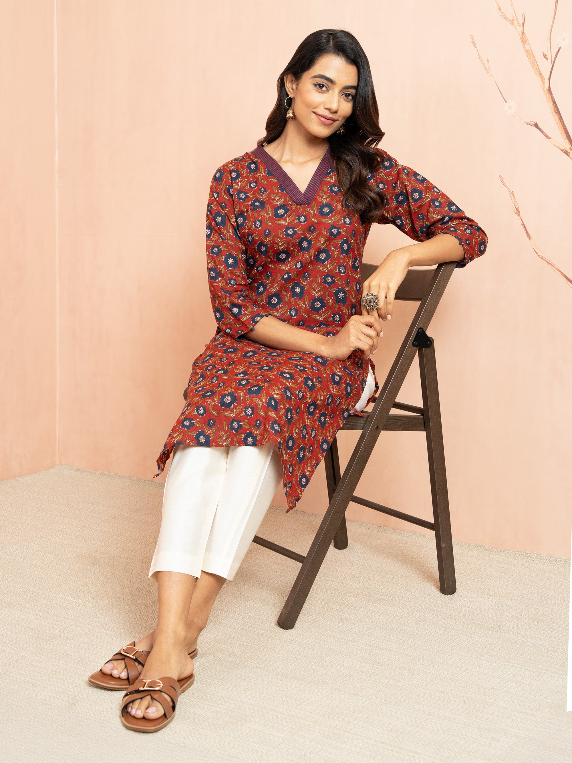 Women's Rust Printed Cambric Cotton Straight Kurta