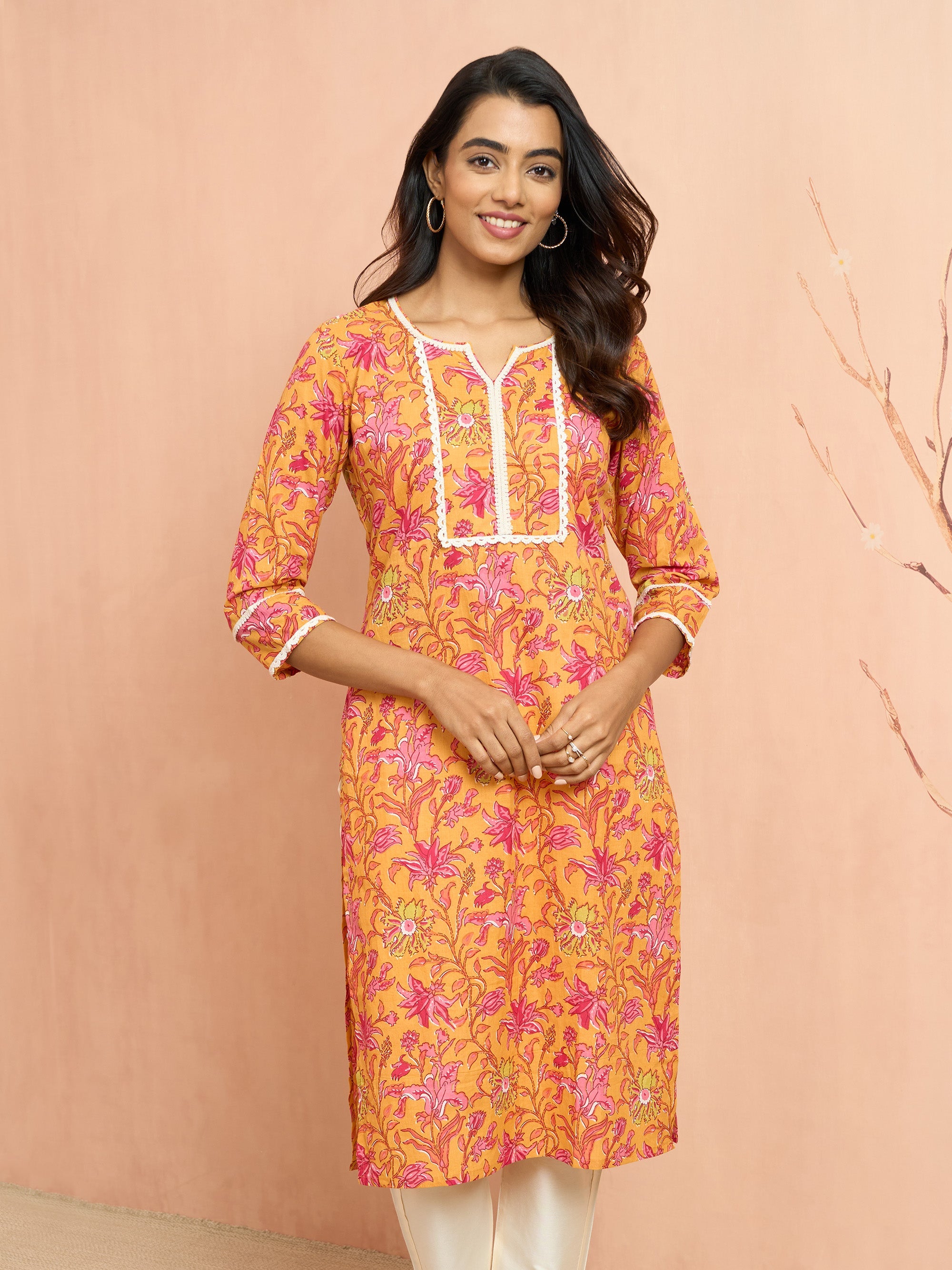 Women's Mustard Floral Printed Cambric Cotton Kurta