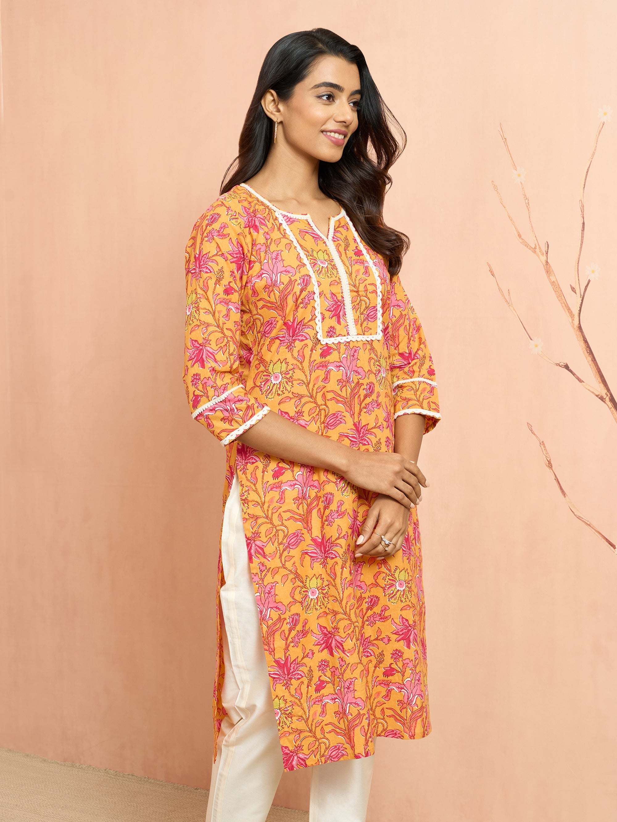 Women's Mustard Floral Printed Cambric Cotton Kurta