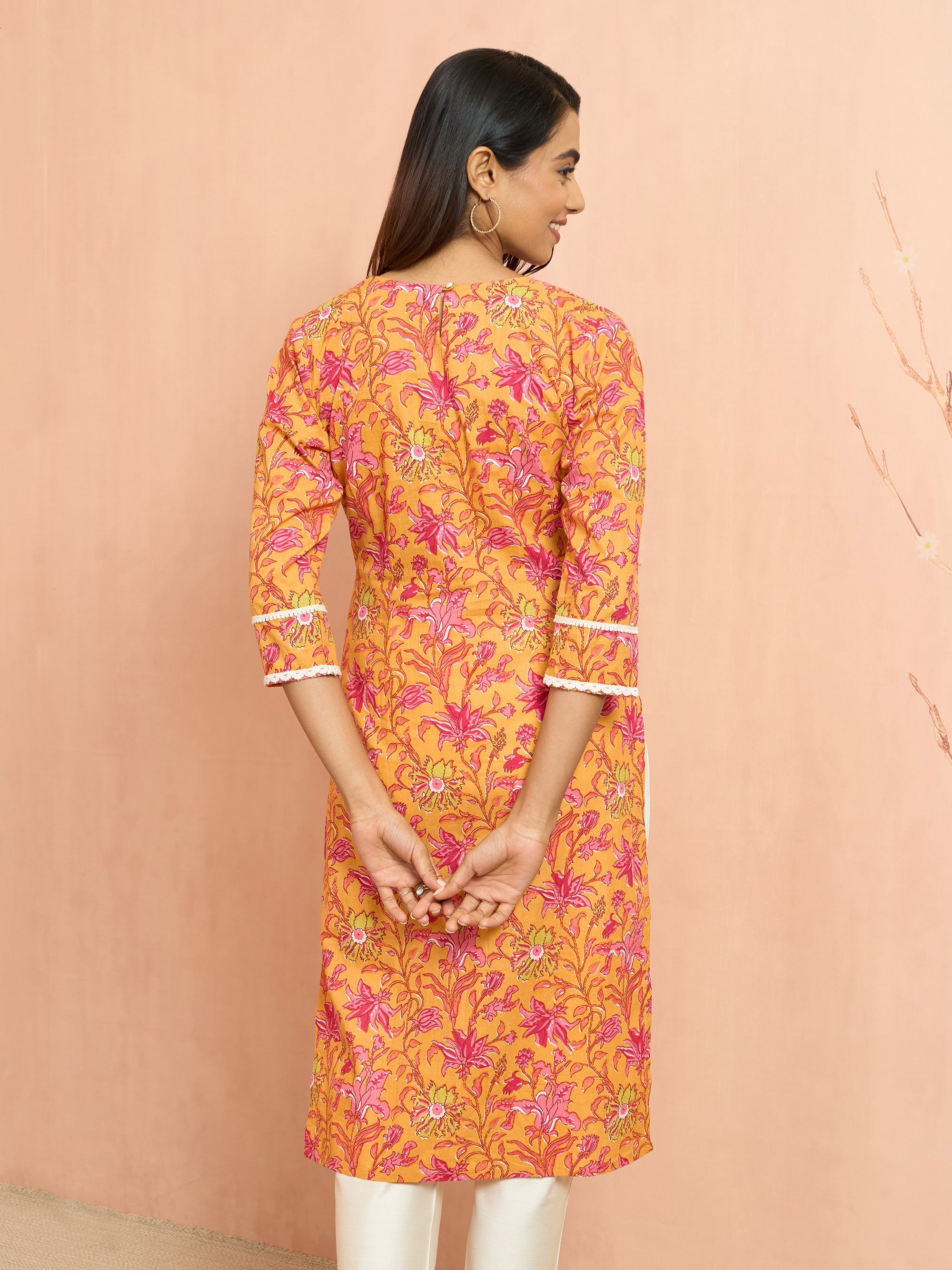 Women's Mustard Floral Printed Cambric Cotton Kurta