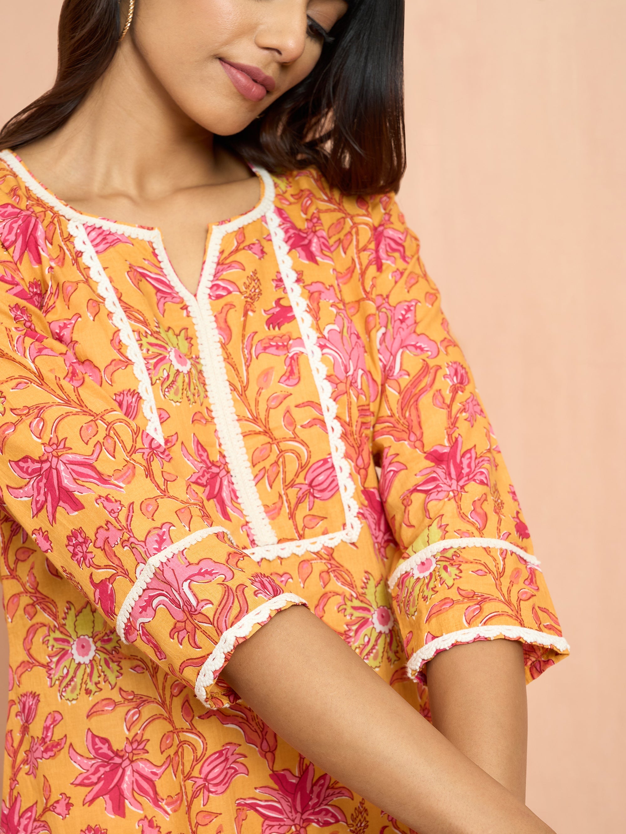 Women's Mustard Floral Printed Cambric Cotton Kurta