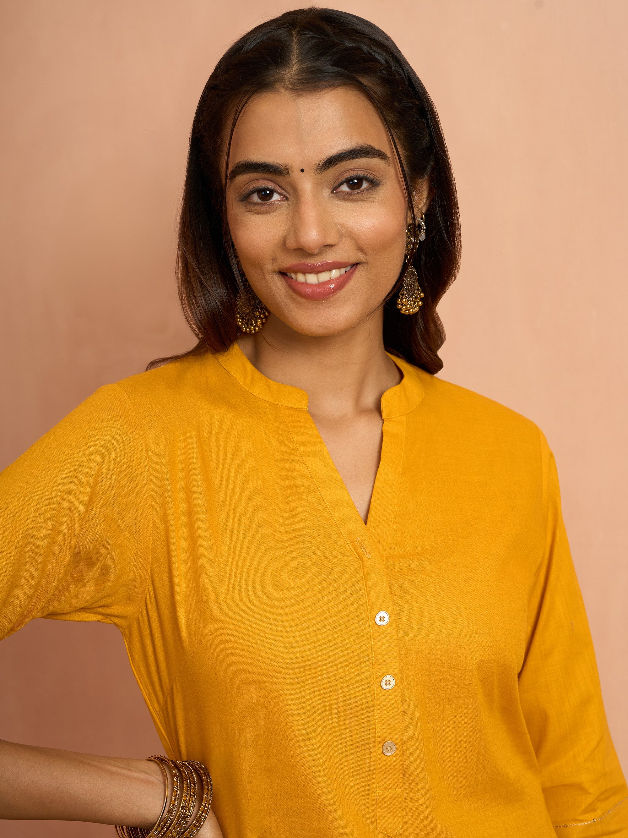Women's Mustard Embroidered Cotton Kurta