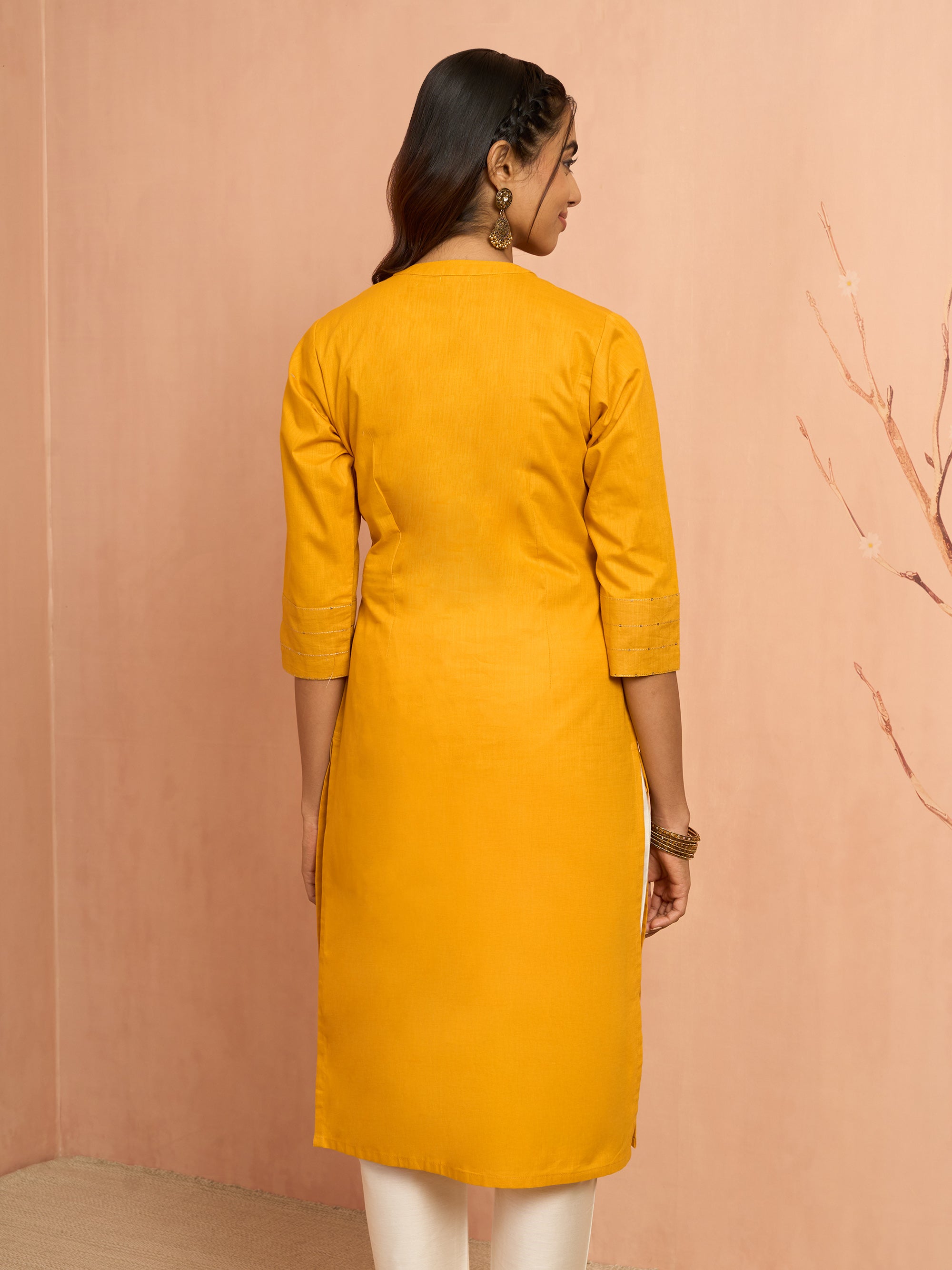Women's Mustard Embroidered Cotton Kurta