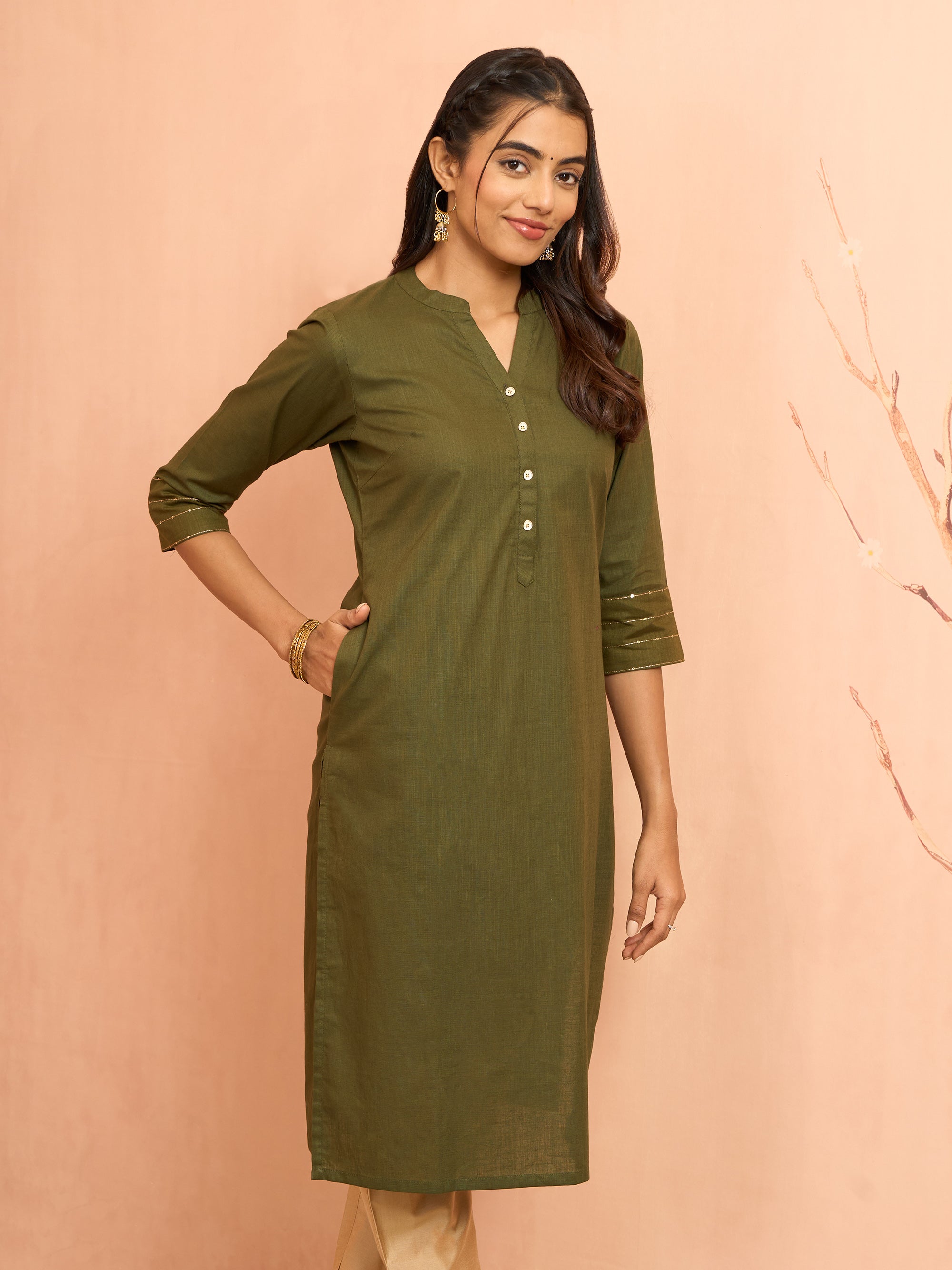 Women's Mehendi Green Embroidered Cotton Kurta