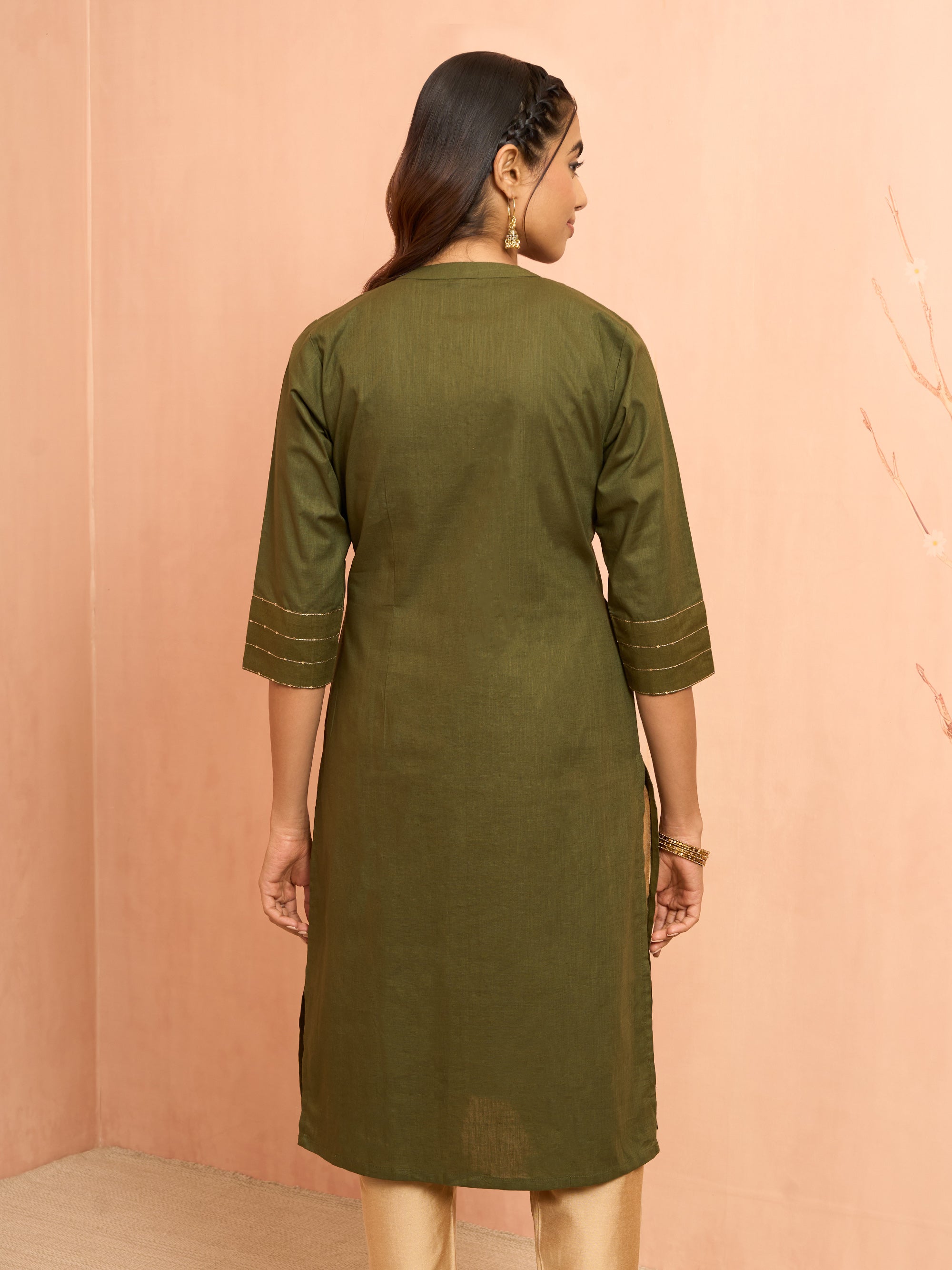 Women's Mehendi Green Embroidered Cotton Kurta