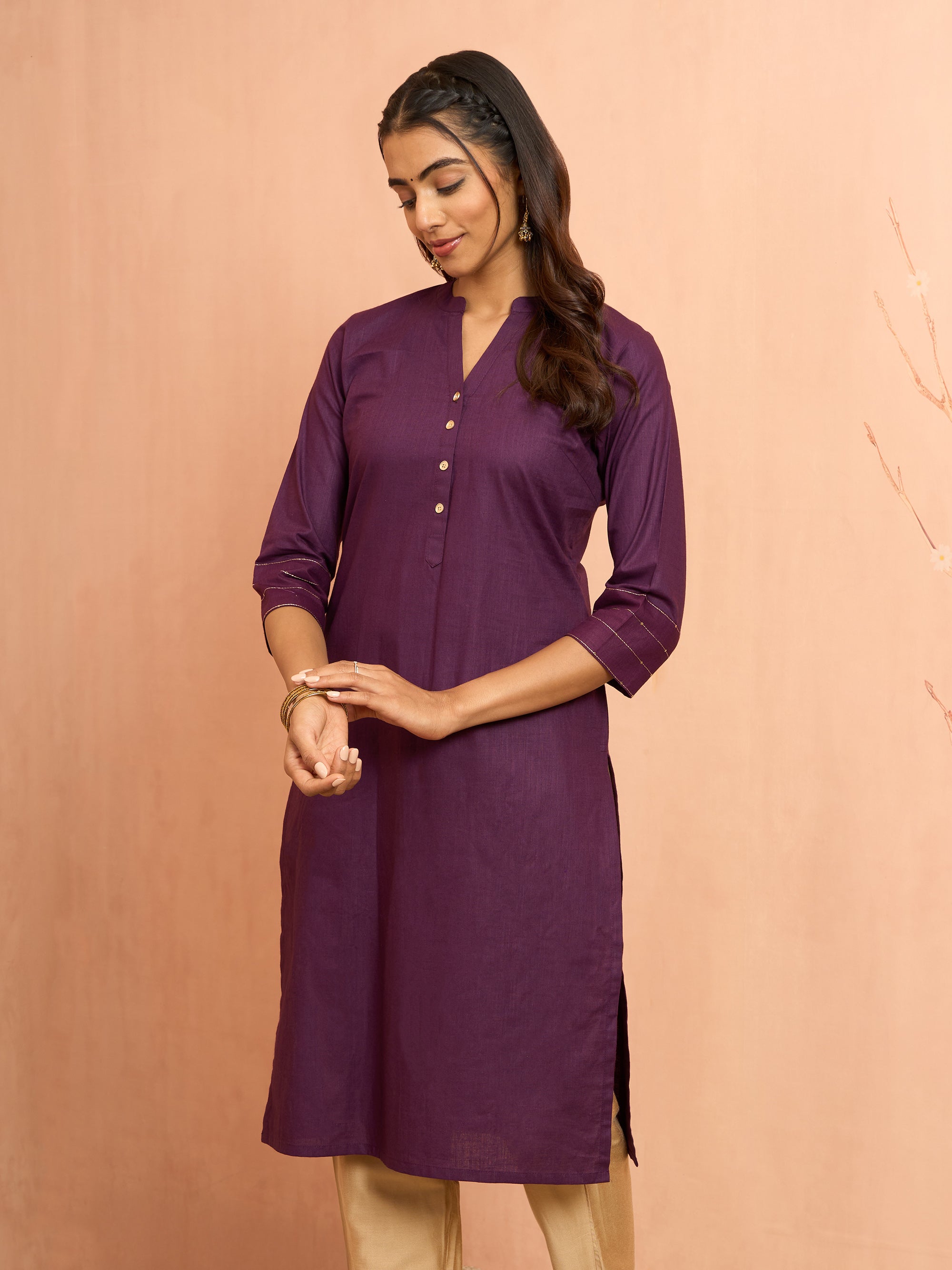 Women's Purple Embroidered Cotton Kurta