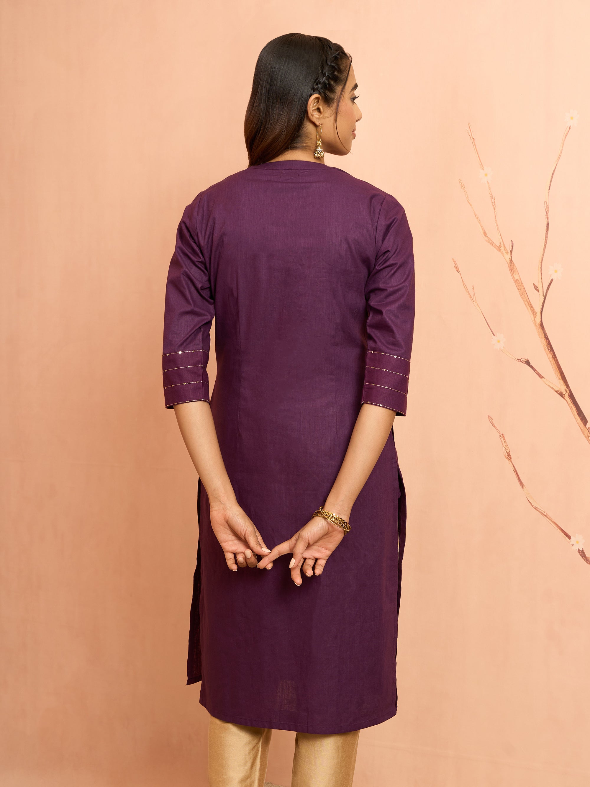 Women's Purple Embroidered Cotton Kurta