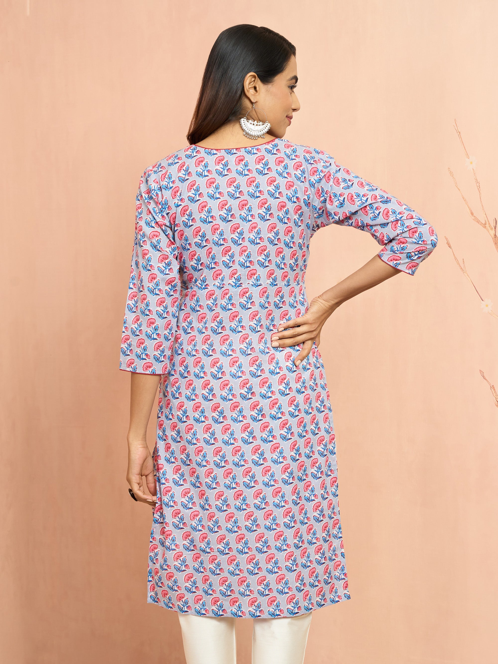 Women's Grey Floral Angrakha Kurta