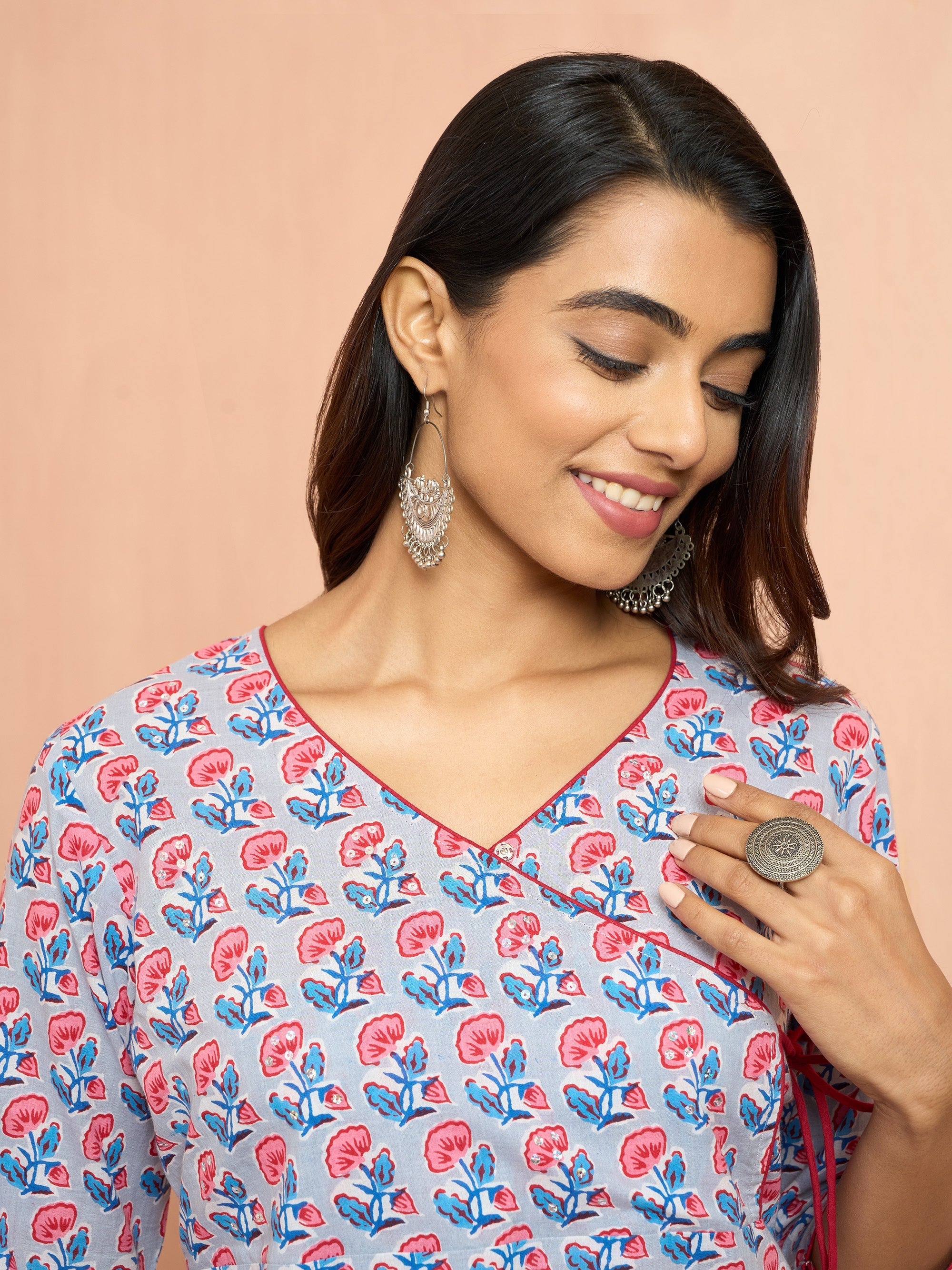 Women's Grey Floral Angrakha Kurta