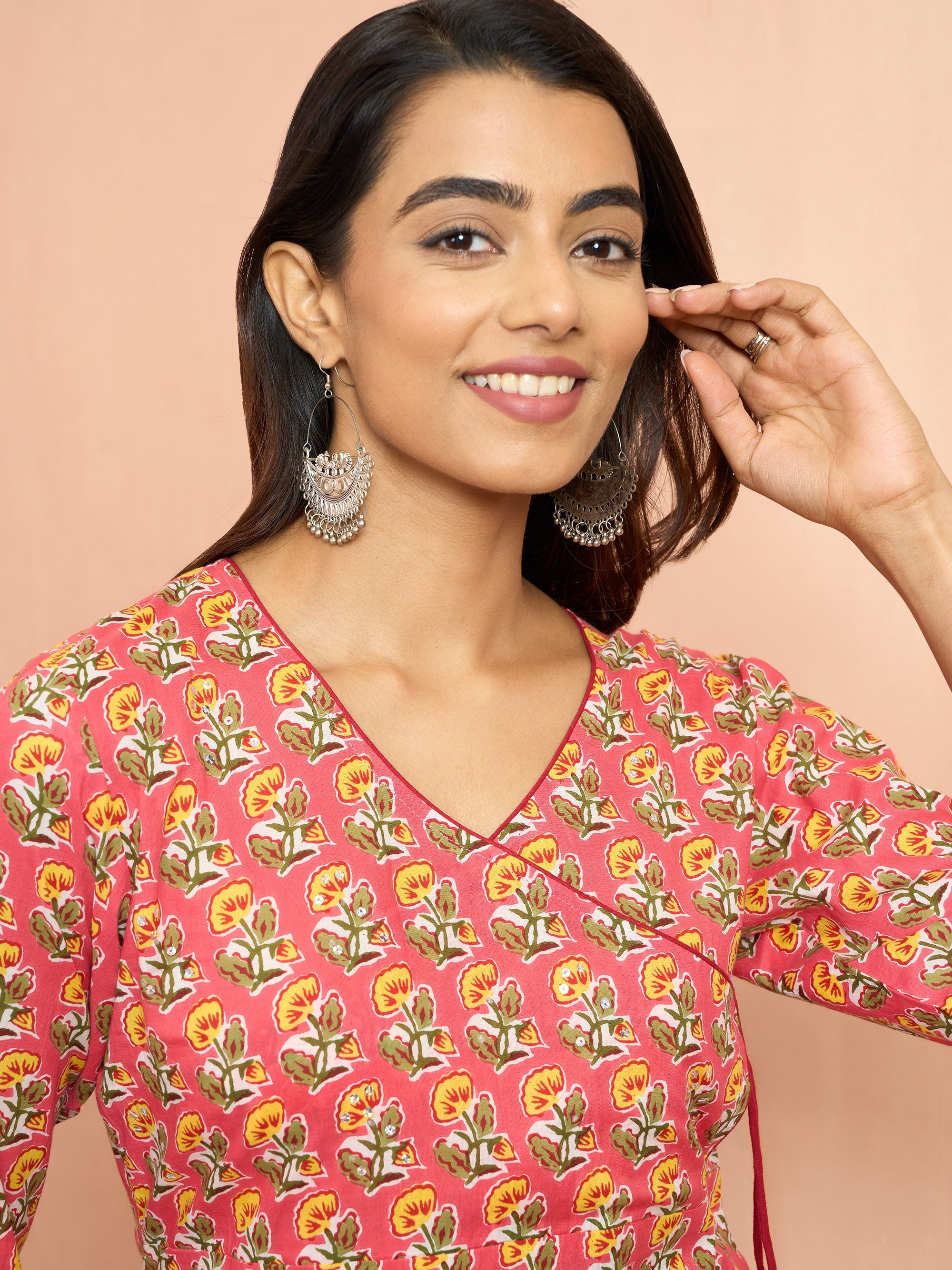 Women's Pink Floral Angrakha Kurta