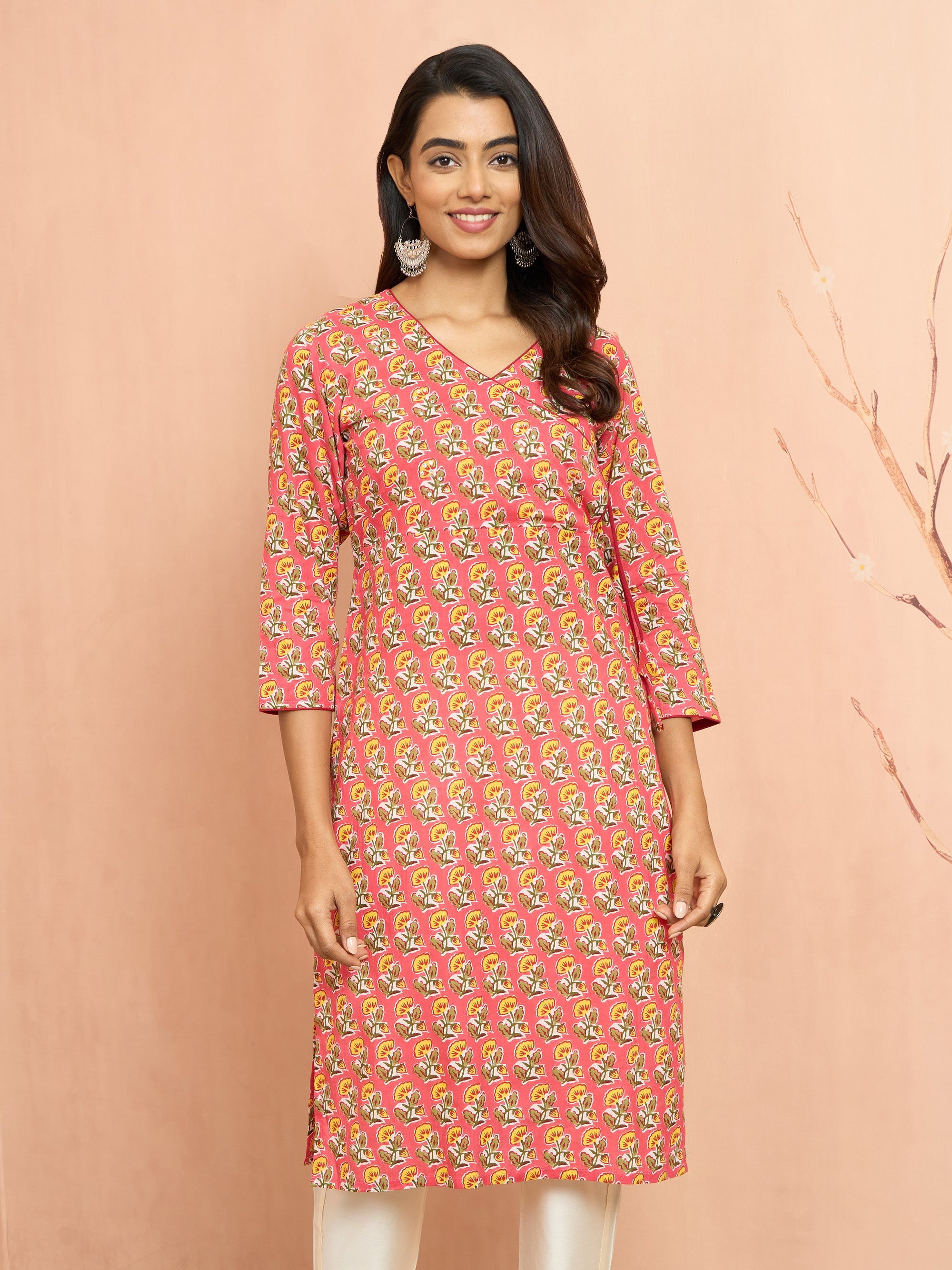 Women's Pink Floral Angrakha Kurta