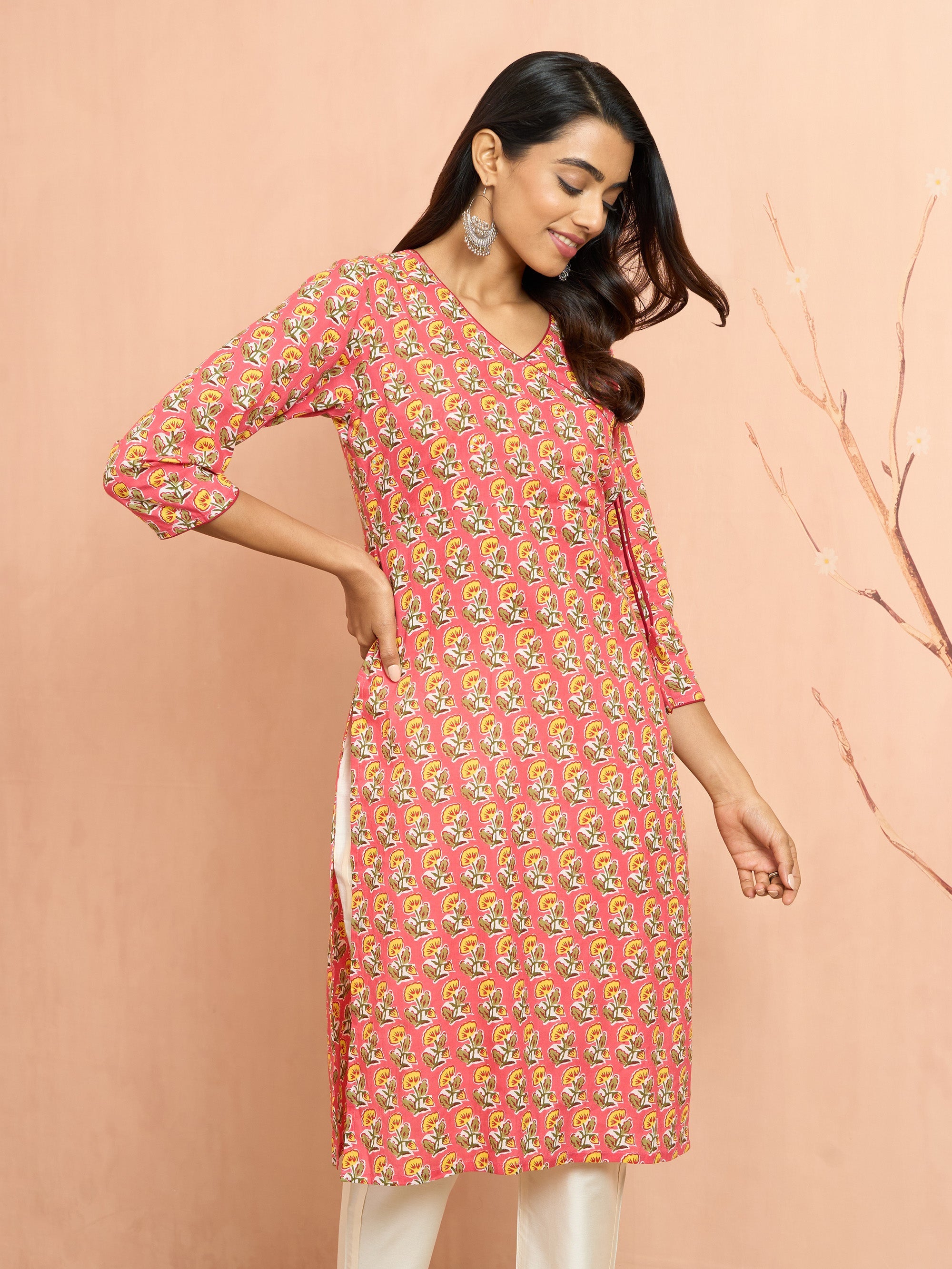 Women's Pink Floral Angrakha Kurta