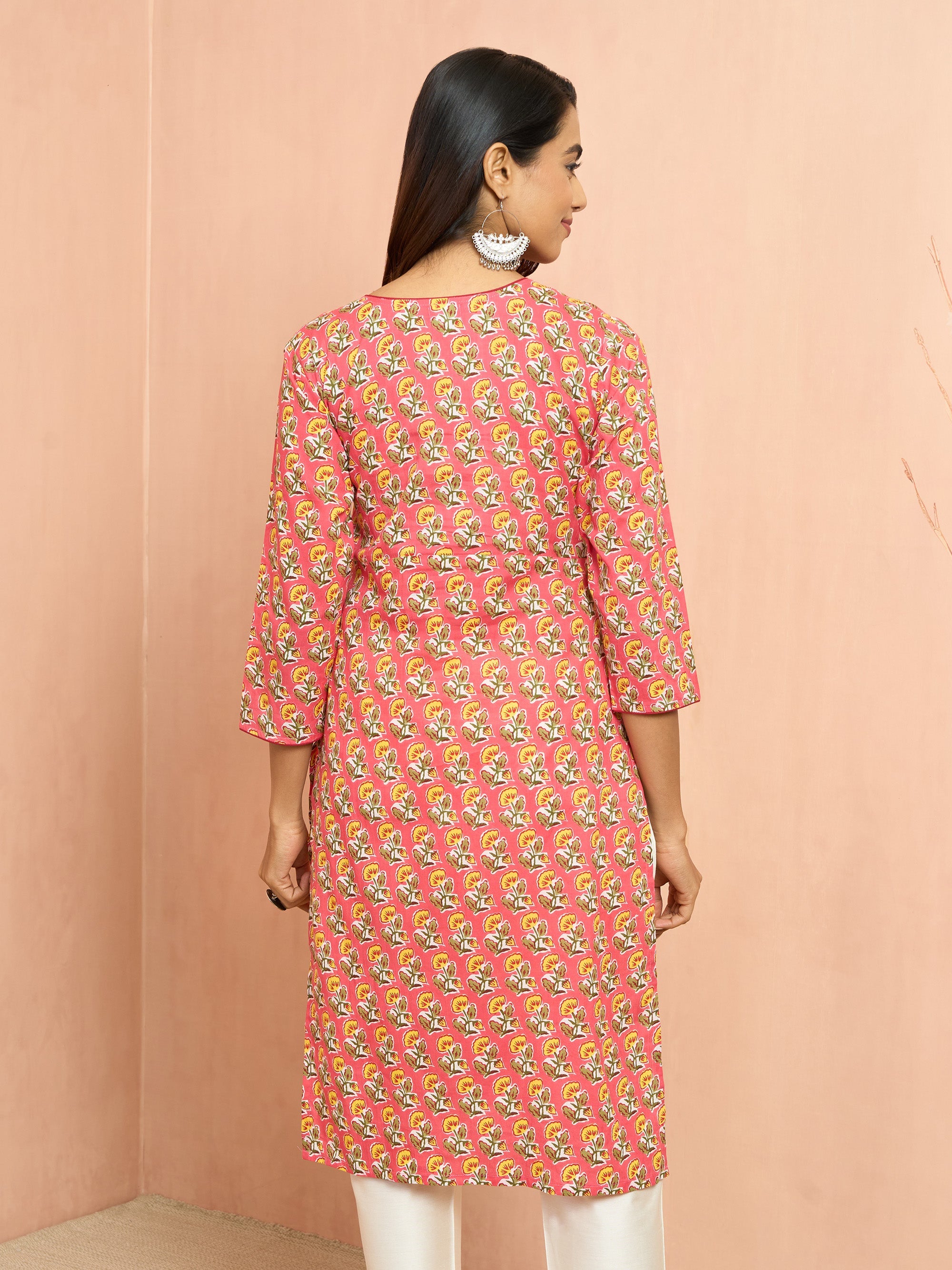 Women's Pink Floral Angrakha Kurta