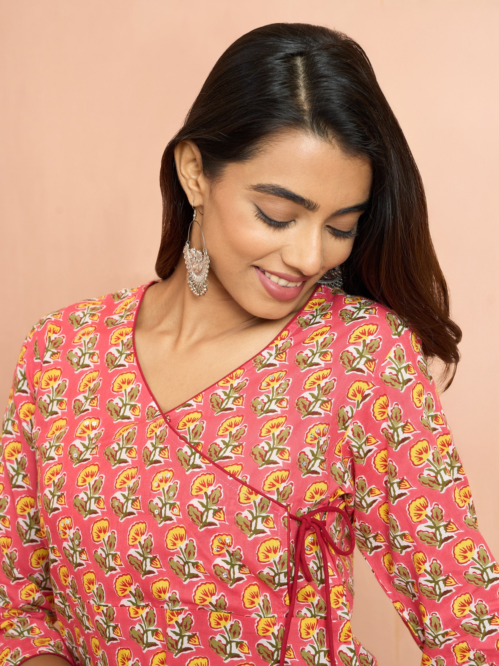 Women's Pink Floral Angrakha Kurta