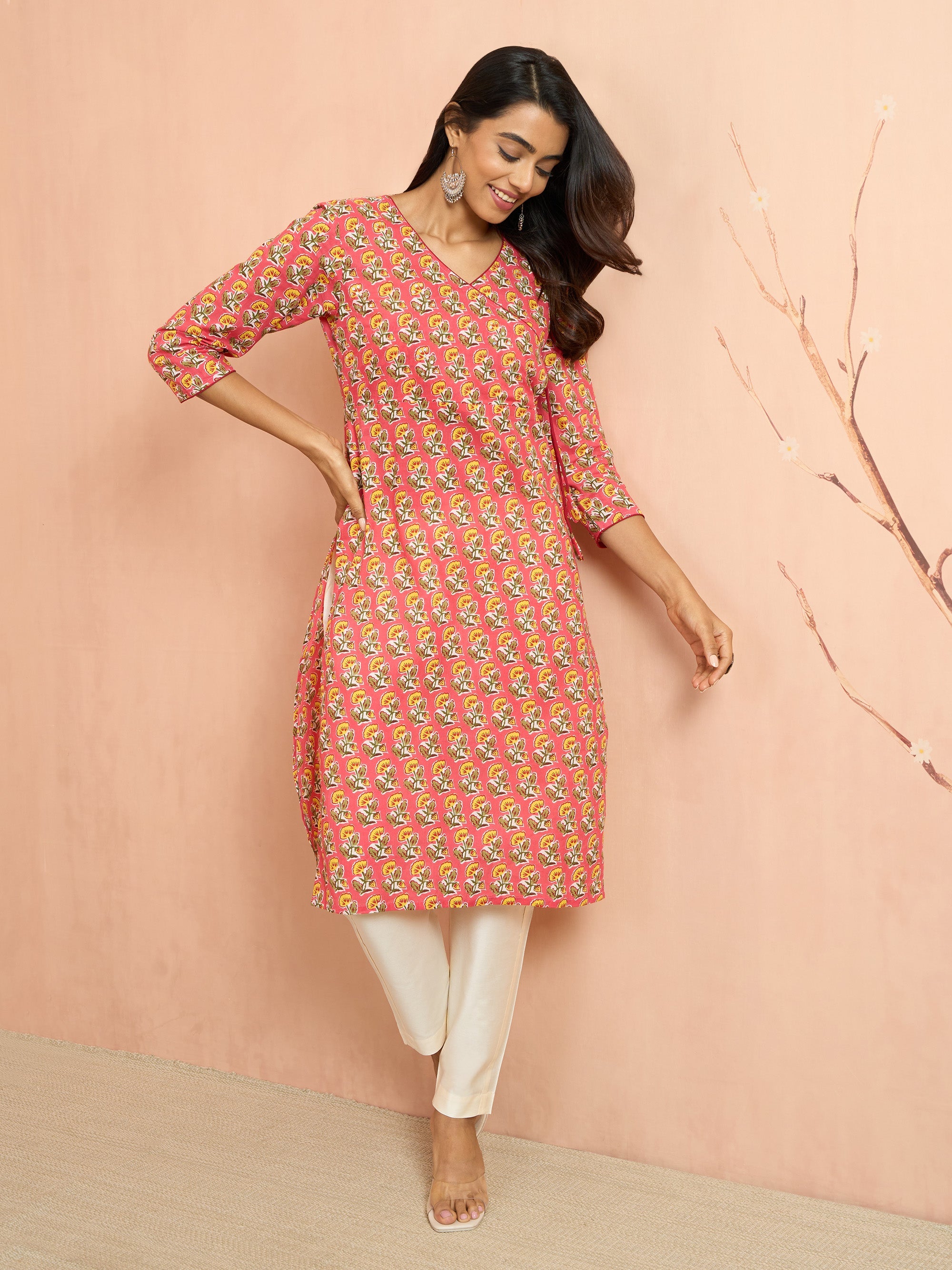 Women's Pink Floral Angrakha Kurta