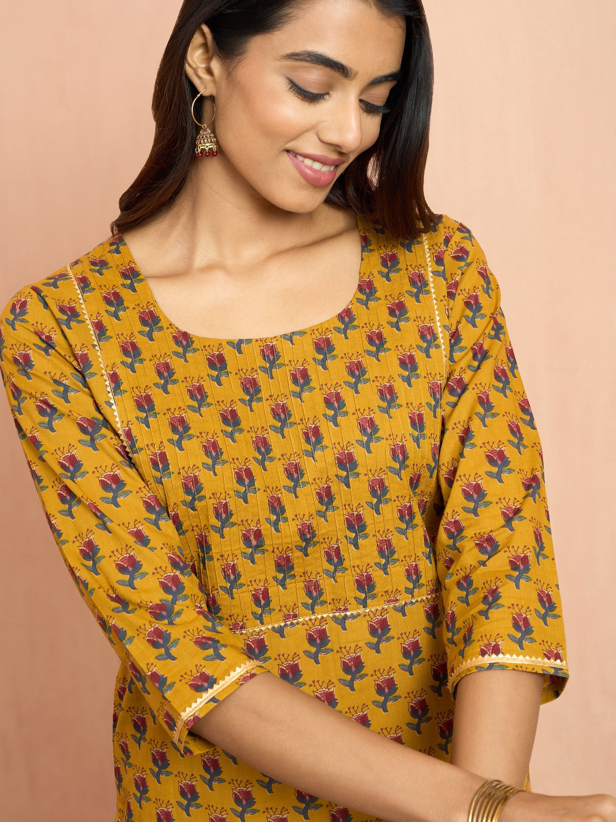 Women's Mustard Floral Pleated Kurta