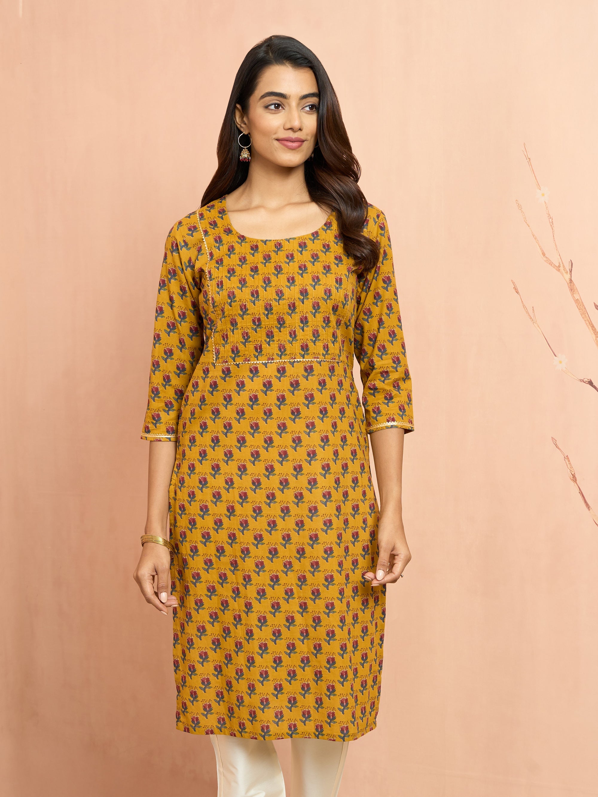 Women's Mustard Floral Pleated Kurta