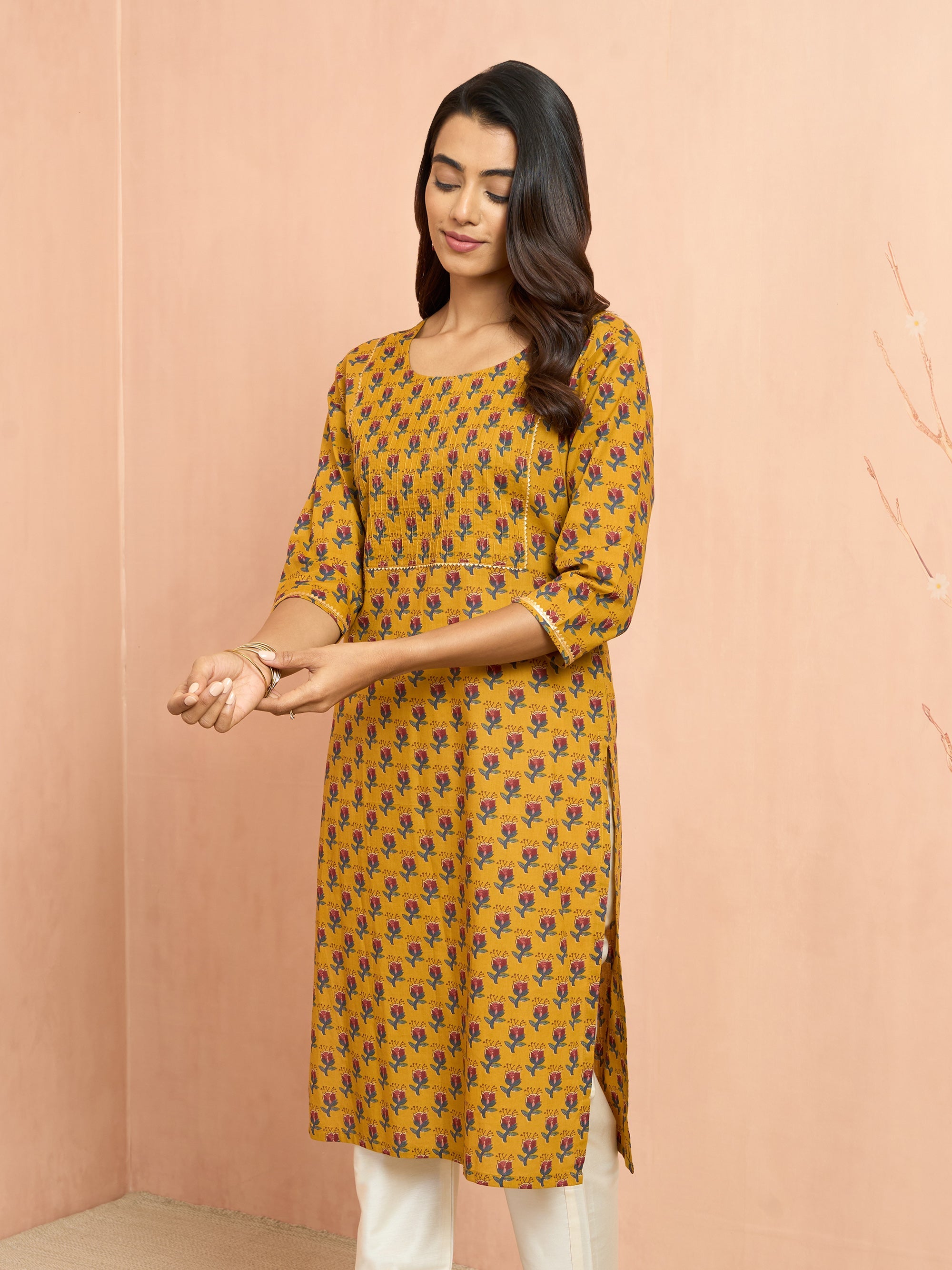Women's Mustard Floral Pleated Kurta