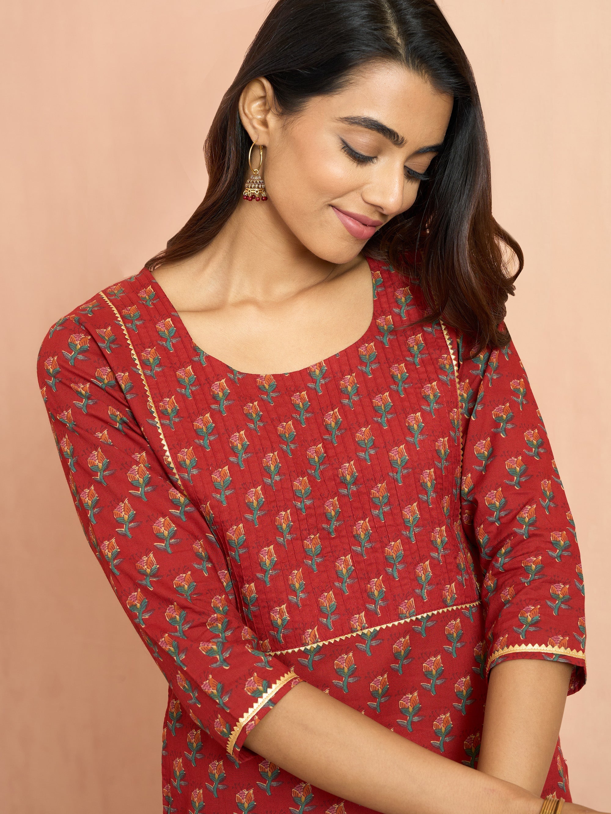 Women's Rust Floral Pleated Kurta