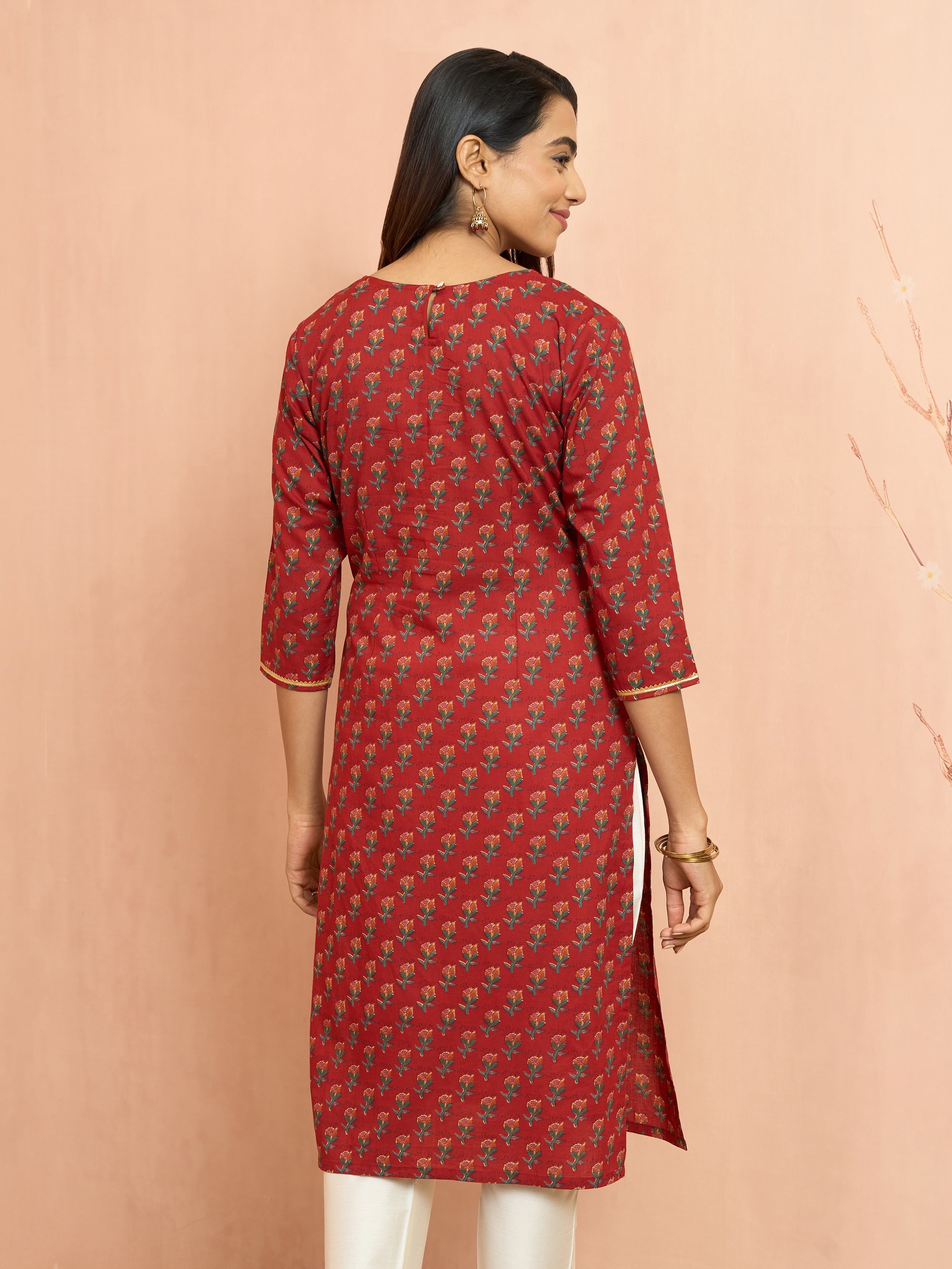 Women's Rust Floral Pleated Kurta