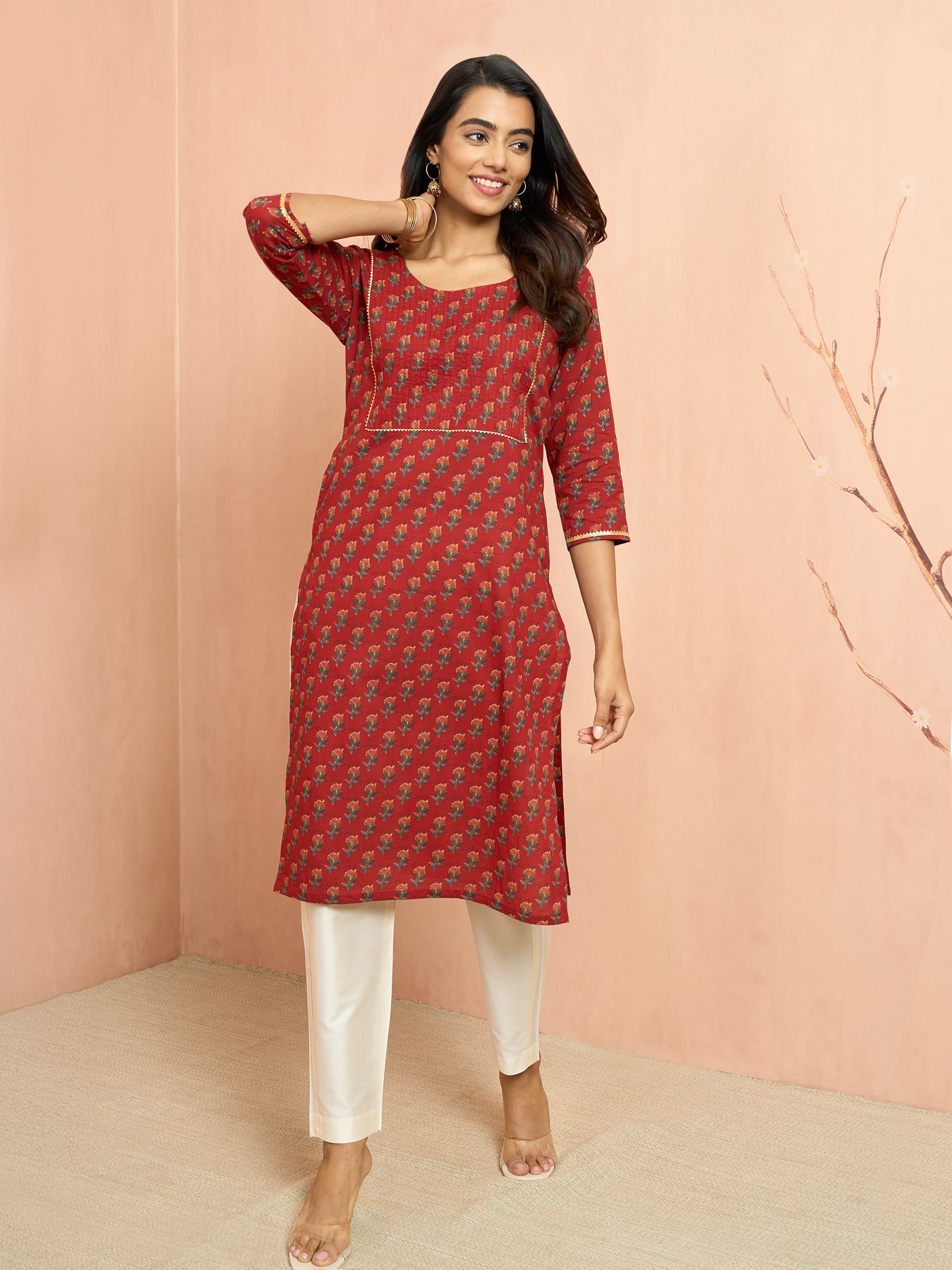 Women's Rust Floral Pleated Kurta