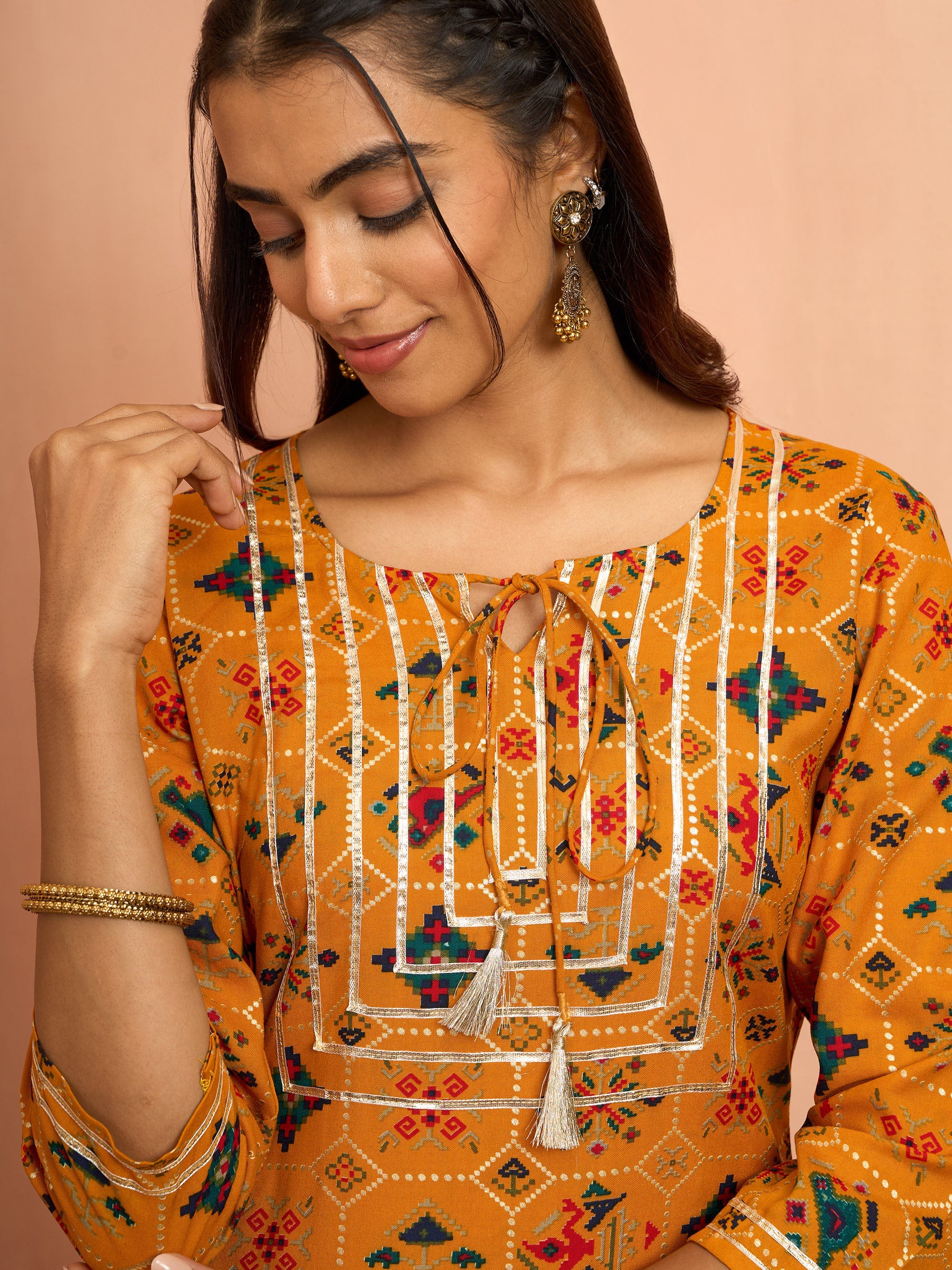 Women's Mustard Patola Print Foil Kurta