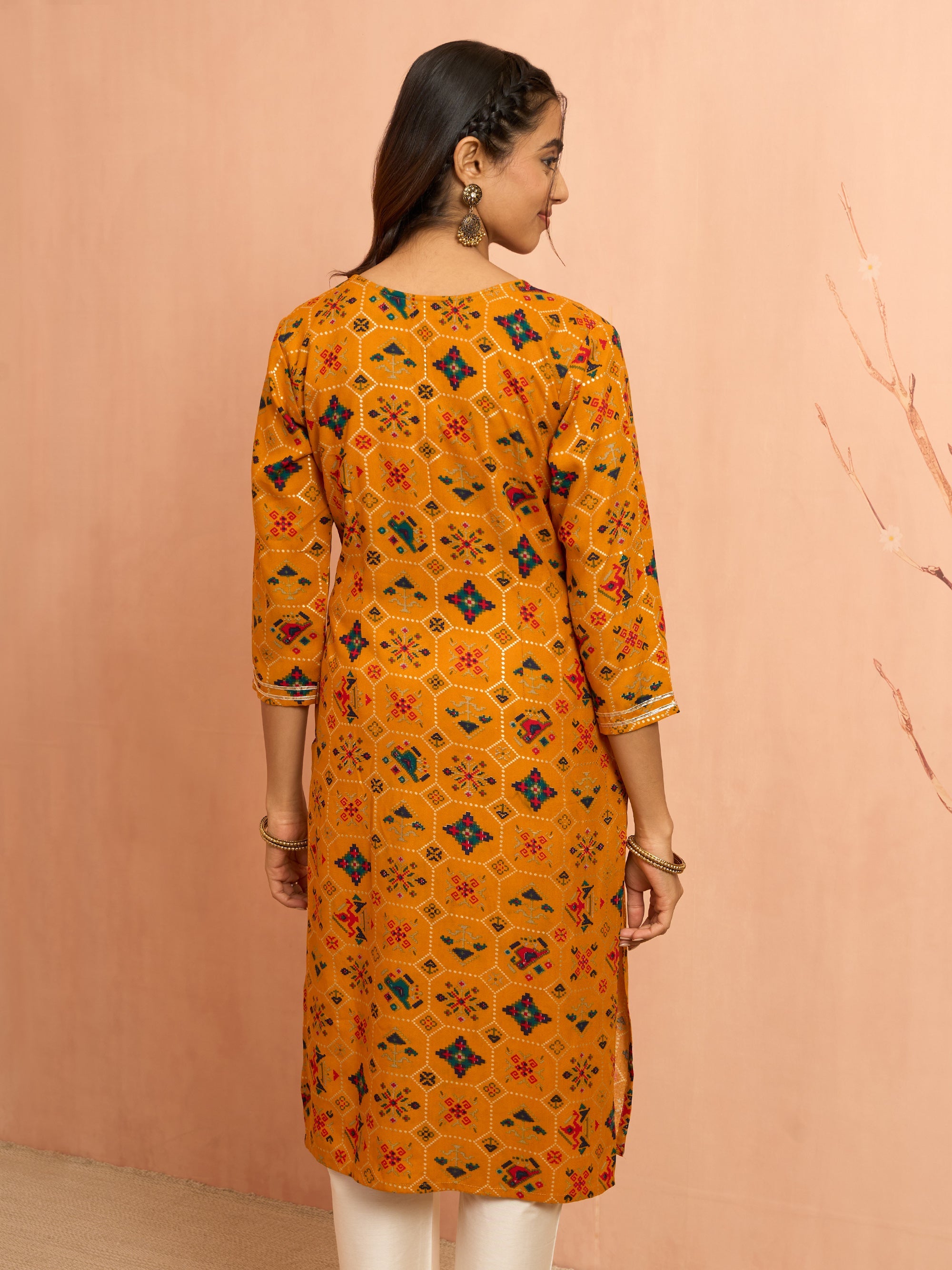 Women's Mustard Patola Print Foil Kurta