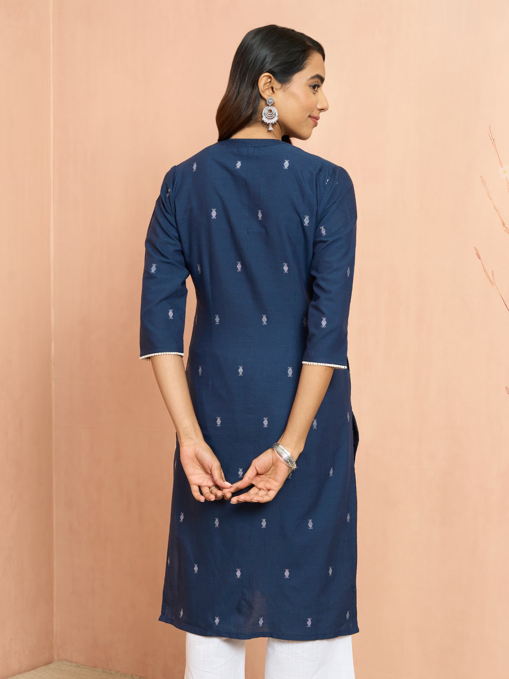 Women's Navy Blue Jamdani Jacquard Kurta