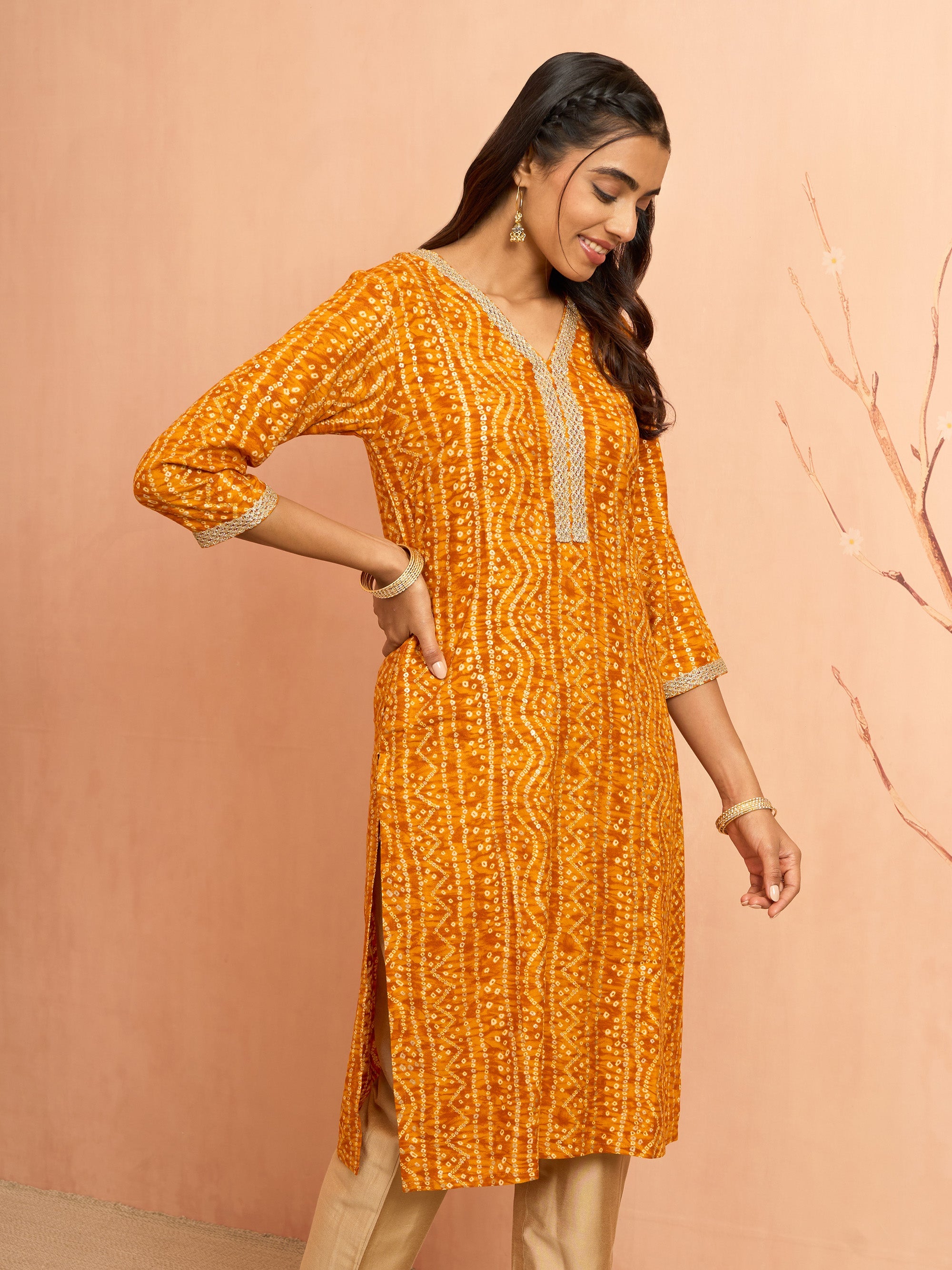 Women's Mustard Bandhani Foil Print Rayon Kurta