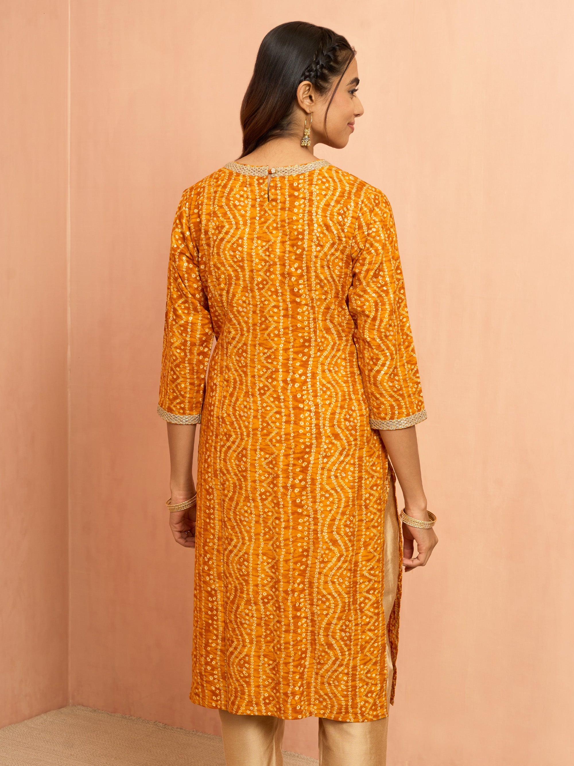Women's Mustard Bandhani Foil Print Rayon Kurta