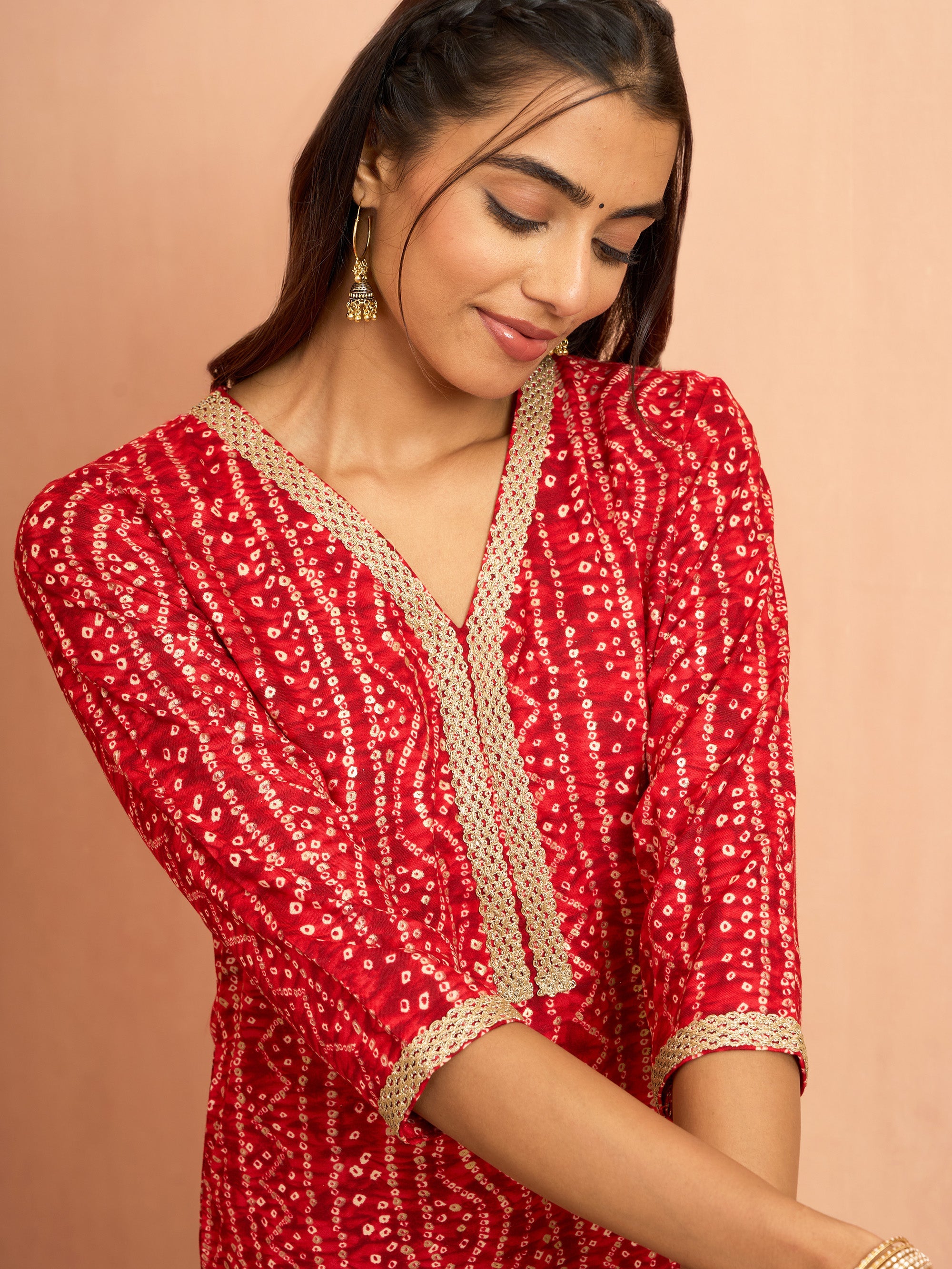 Women's Red Bandhani Foil Print Rayon Kurta