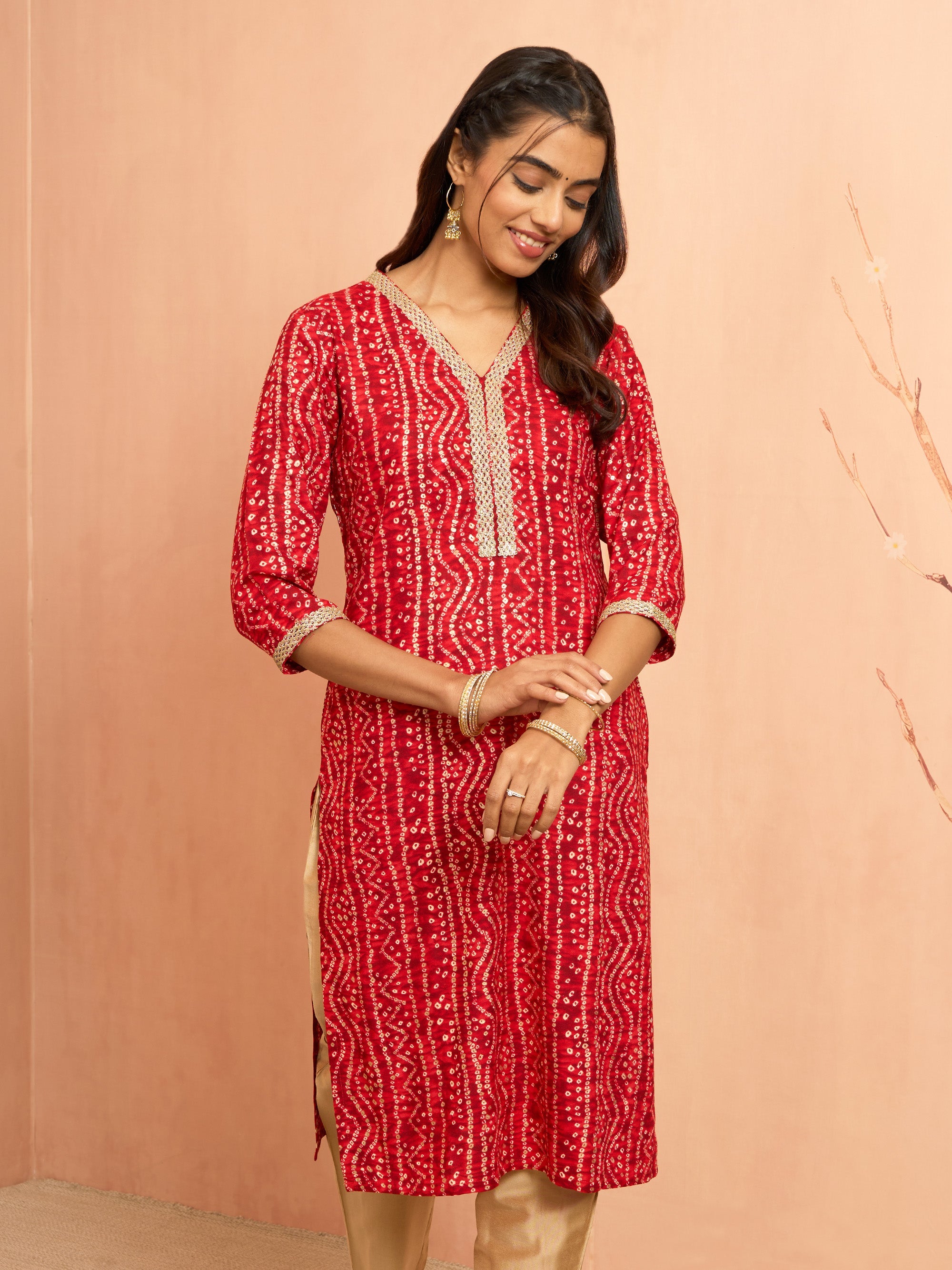 Women's Red Bandhani Foil Print Rayon Kurta