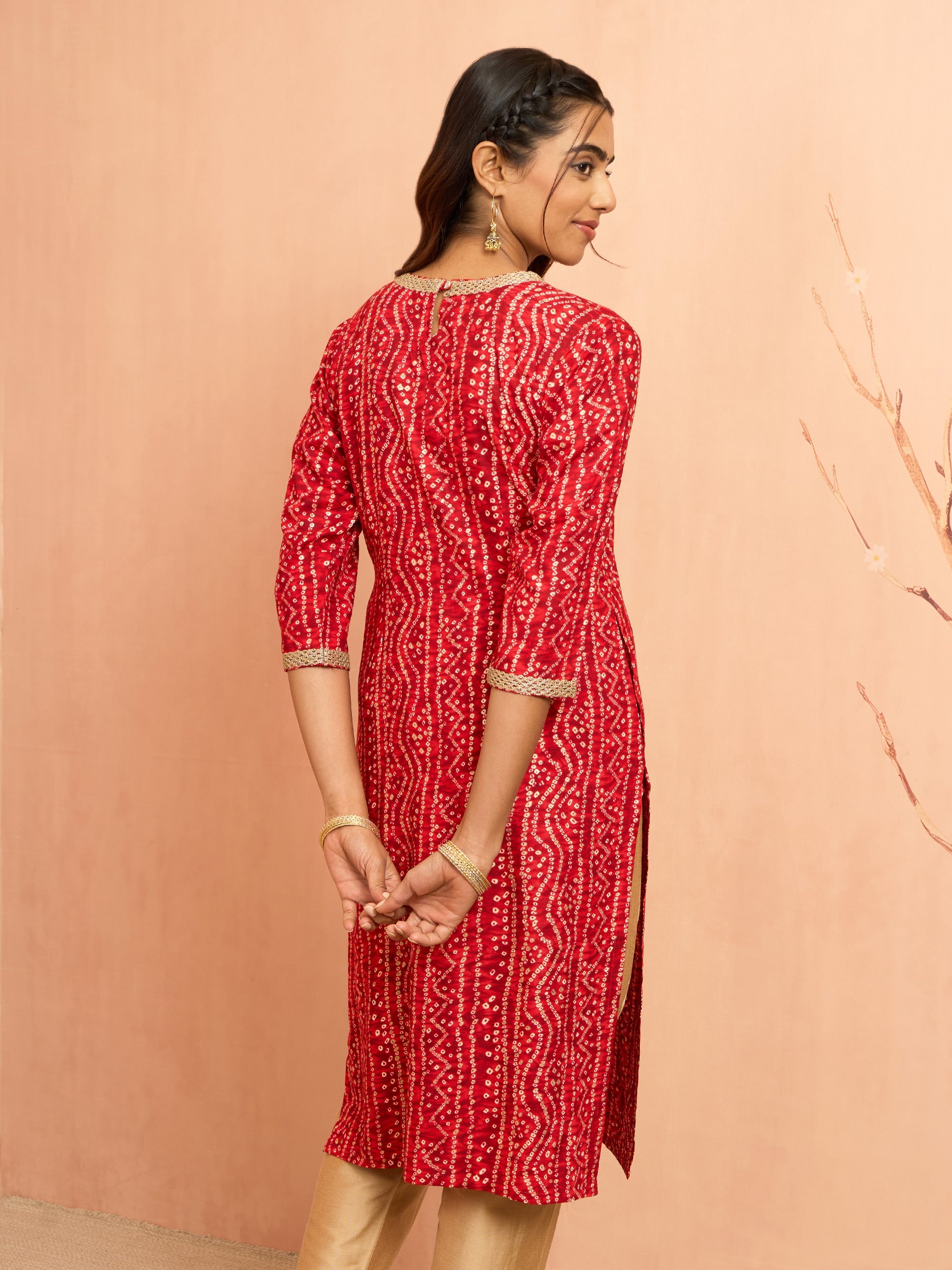 Women's Red Bandhani Foil Print Rayon Kurta