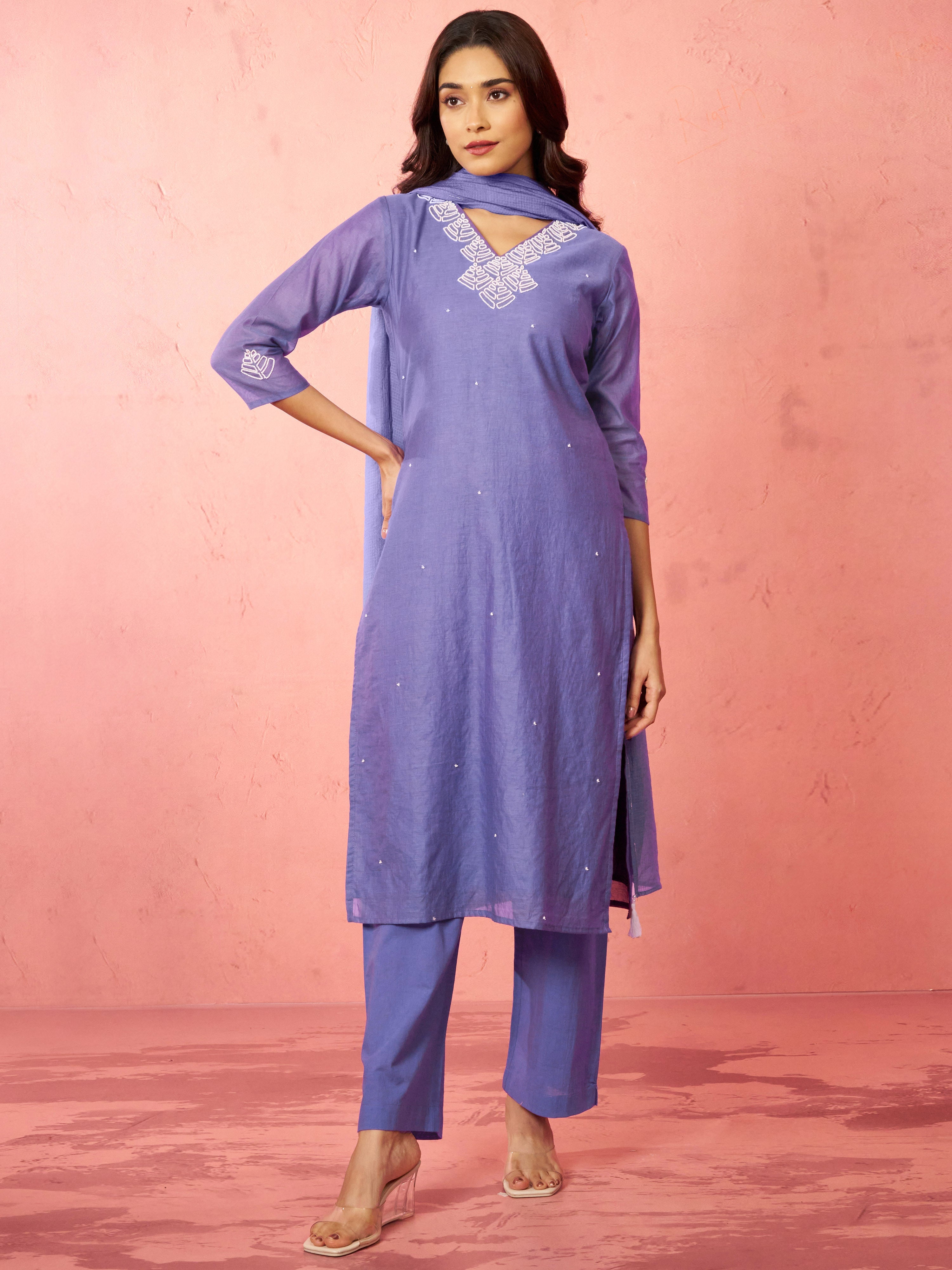 Women's Purple Chanderi Straight Kurta Set