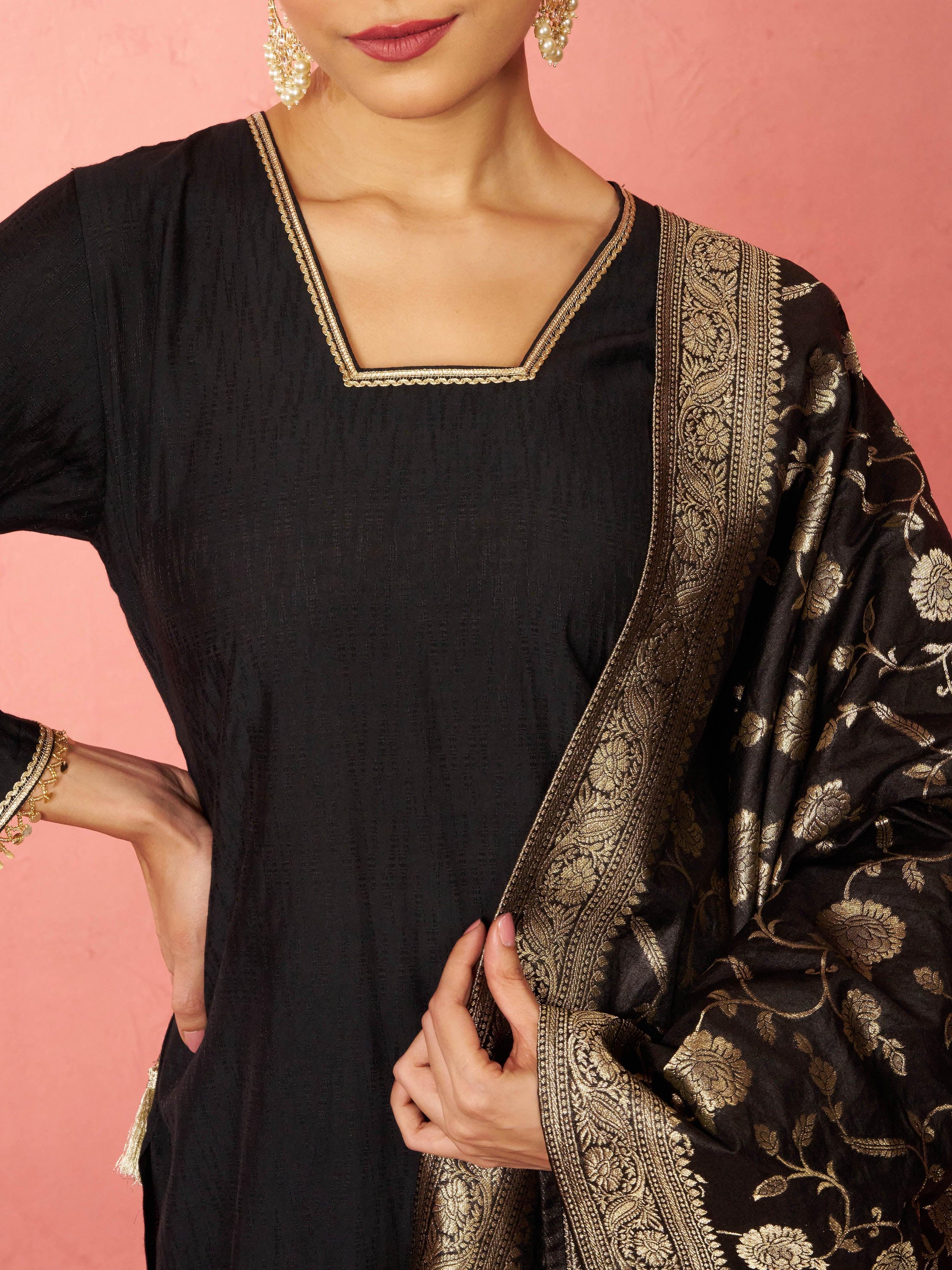 Women's Black Cotton Straight Kurta Set