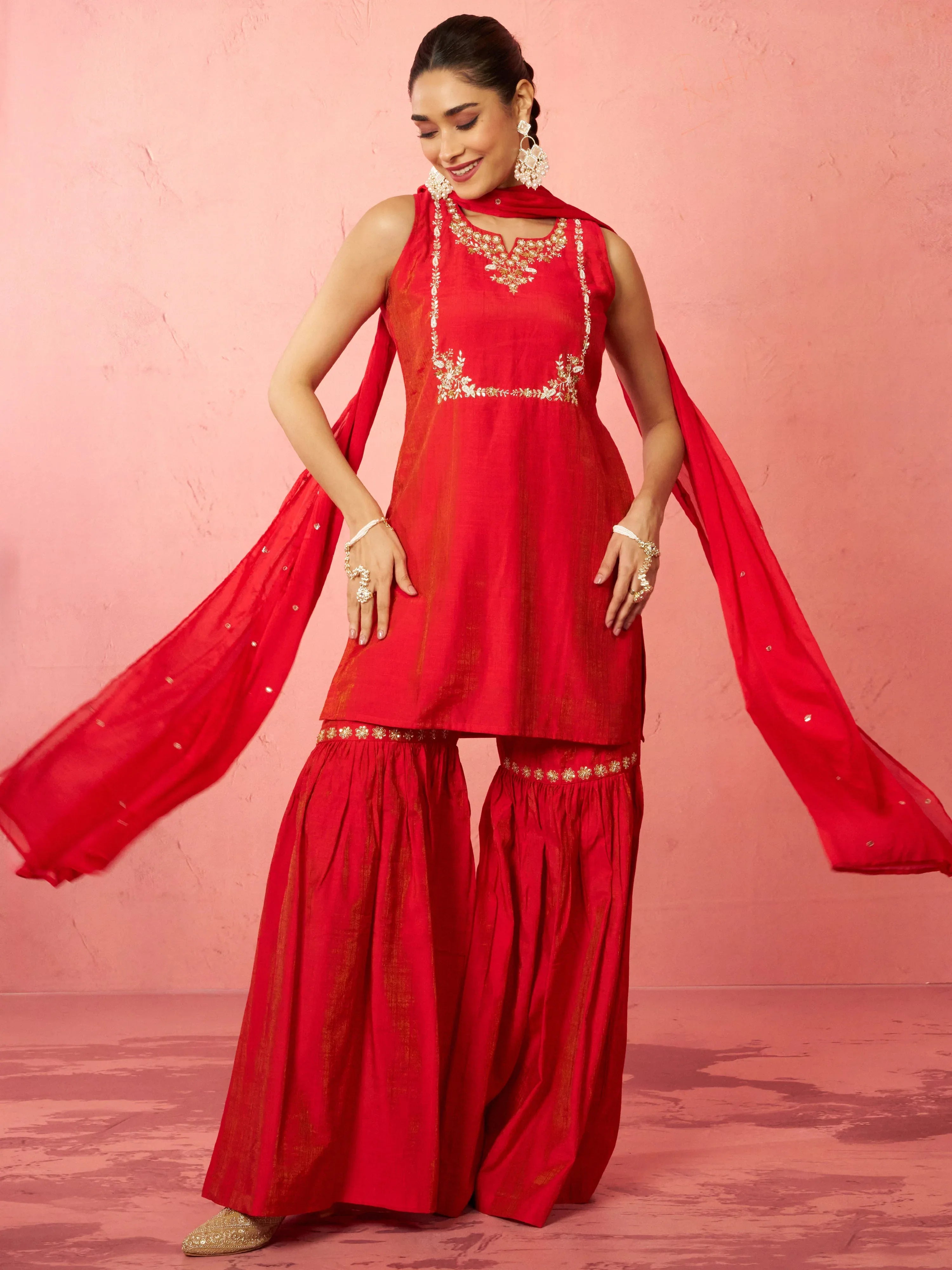 Women's Red Cotton Kurta Sharara Set