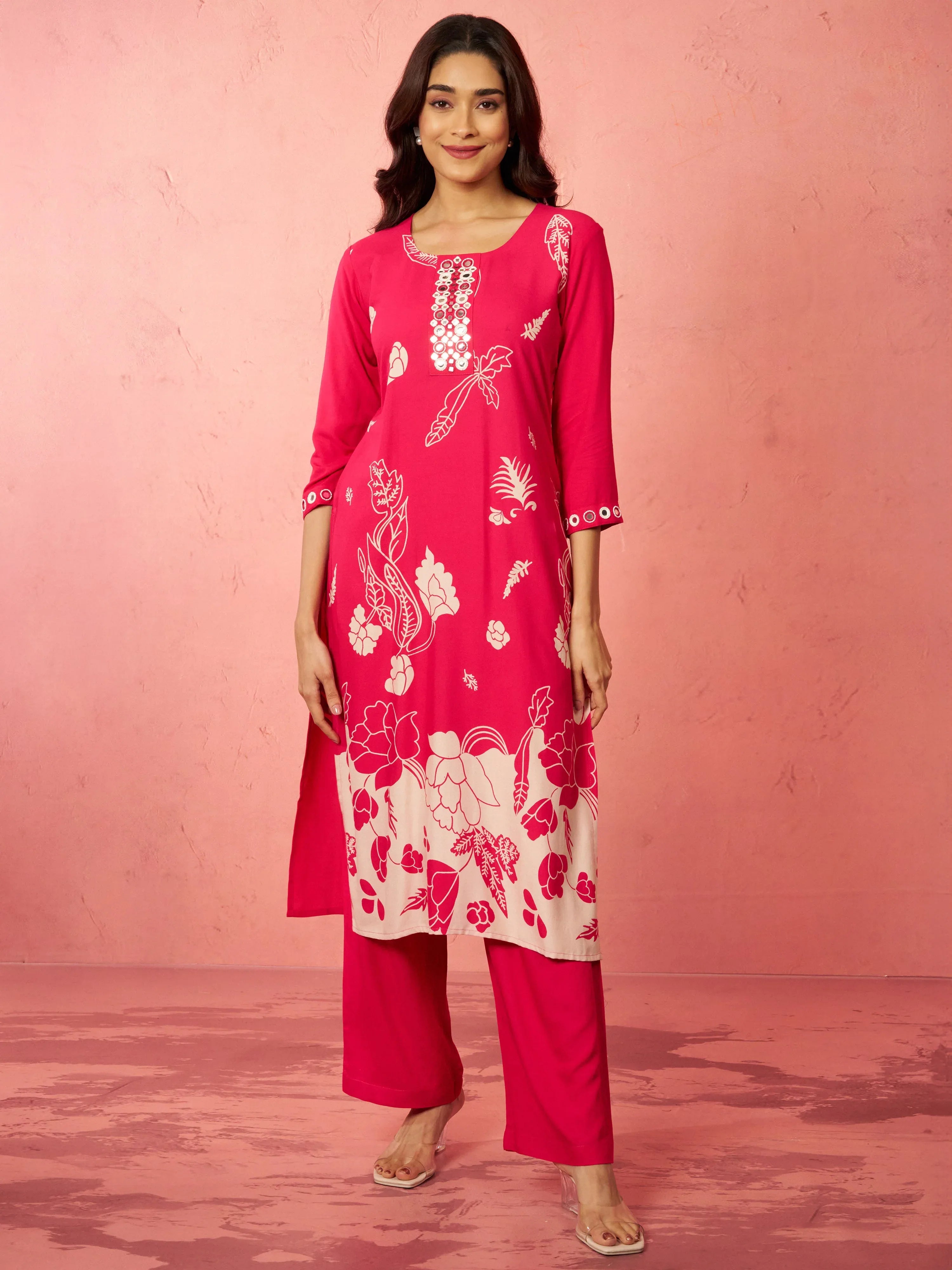 Women's Pink Rayon Mirror Work Kurta Set with Palazzo