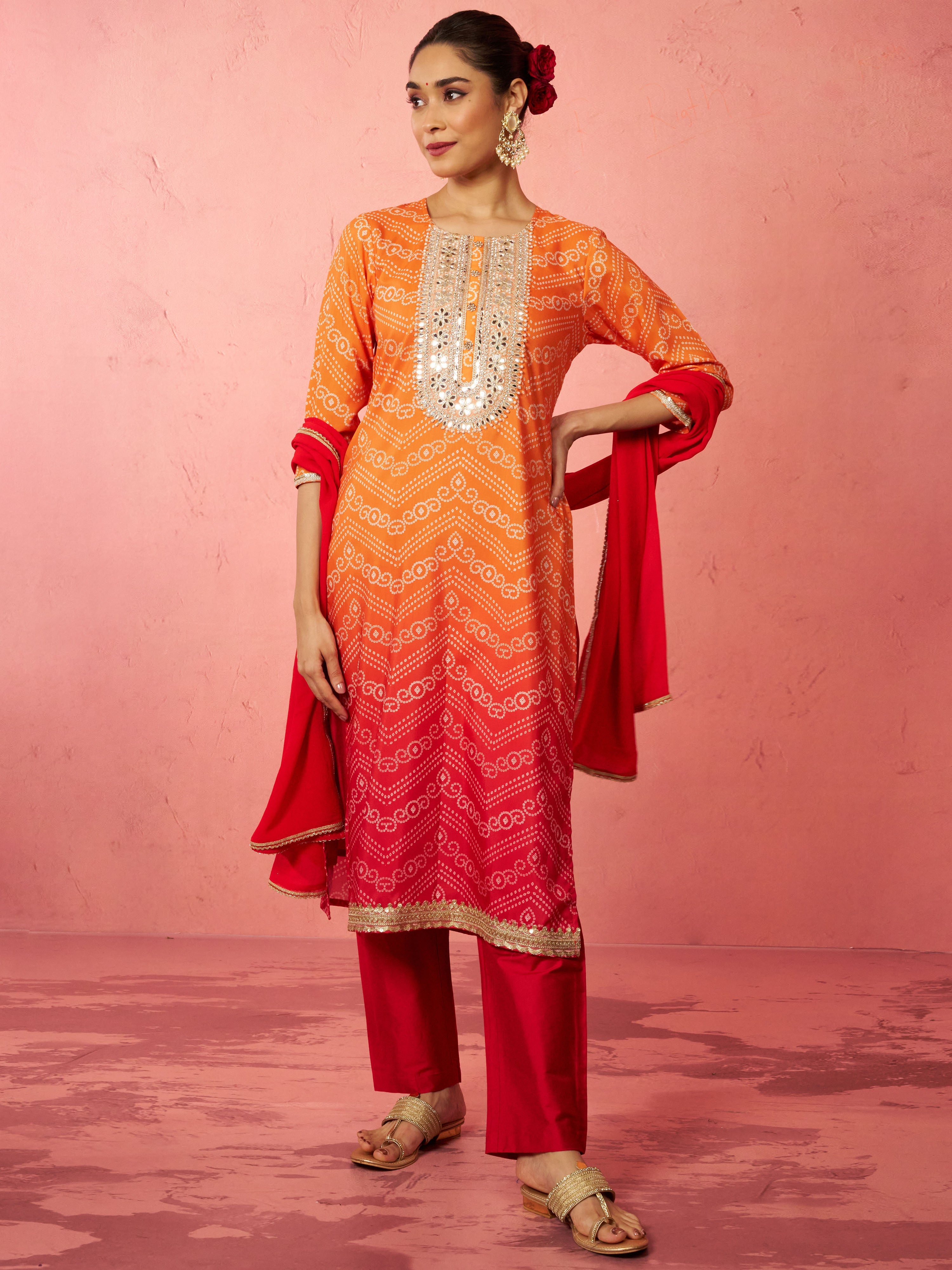 Women's Orange Muslin Bandhani Kurta Set with Straight Pants & Dupatta