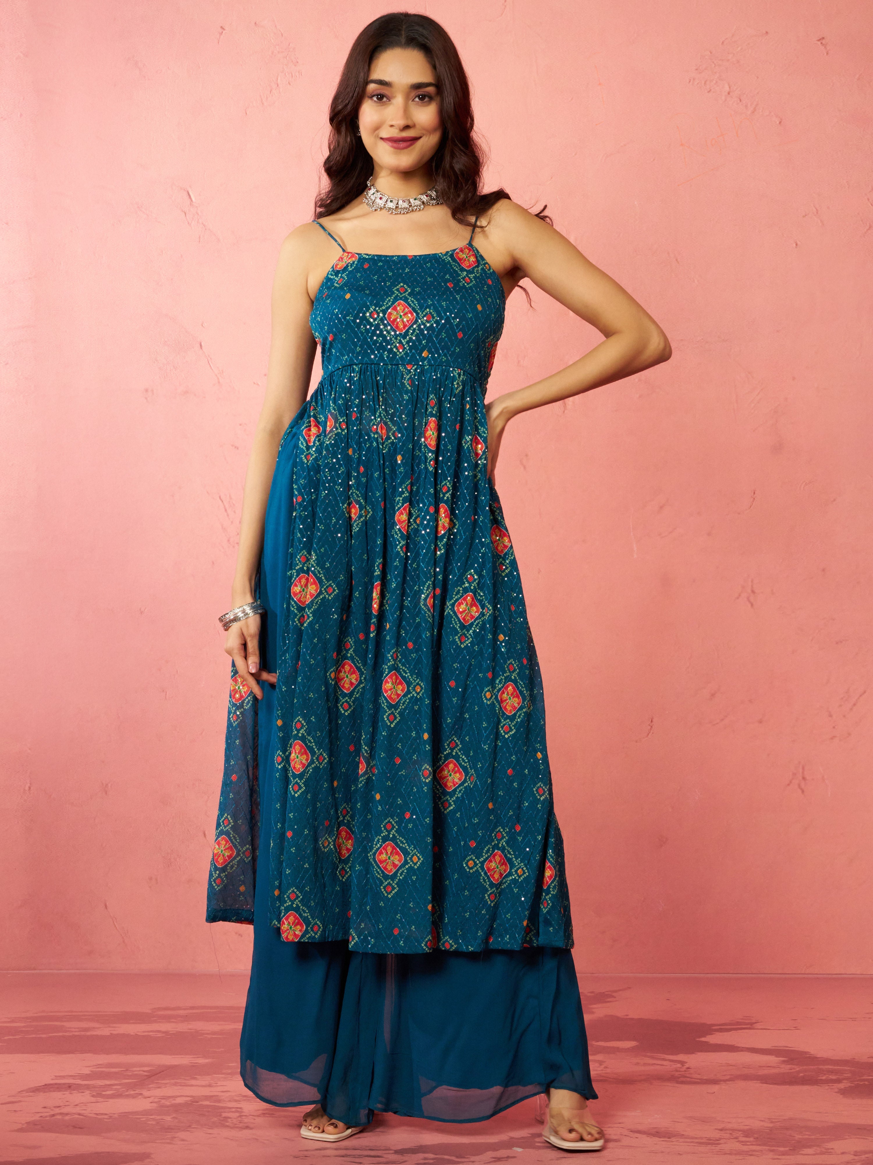 Women's Blue Chinon Sequin Anarkali Set with Palazzo